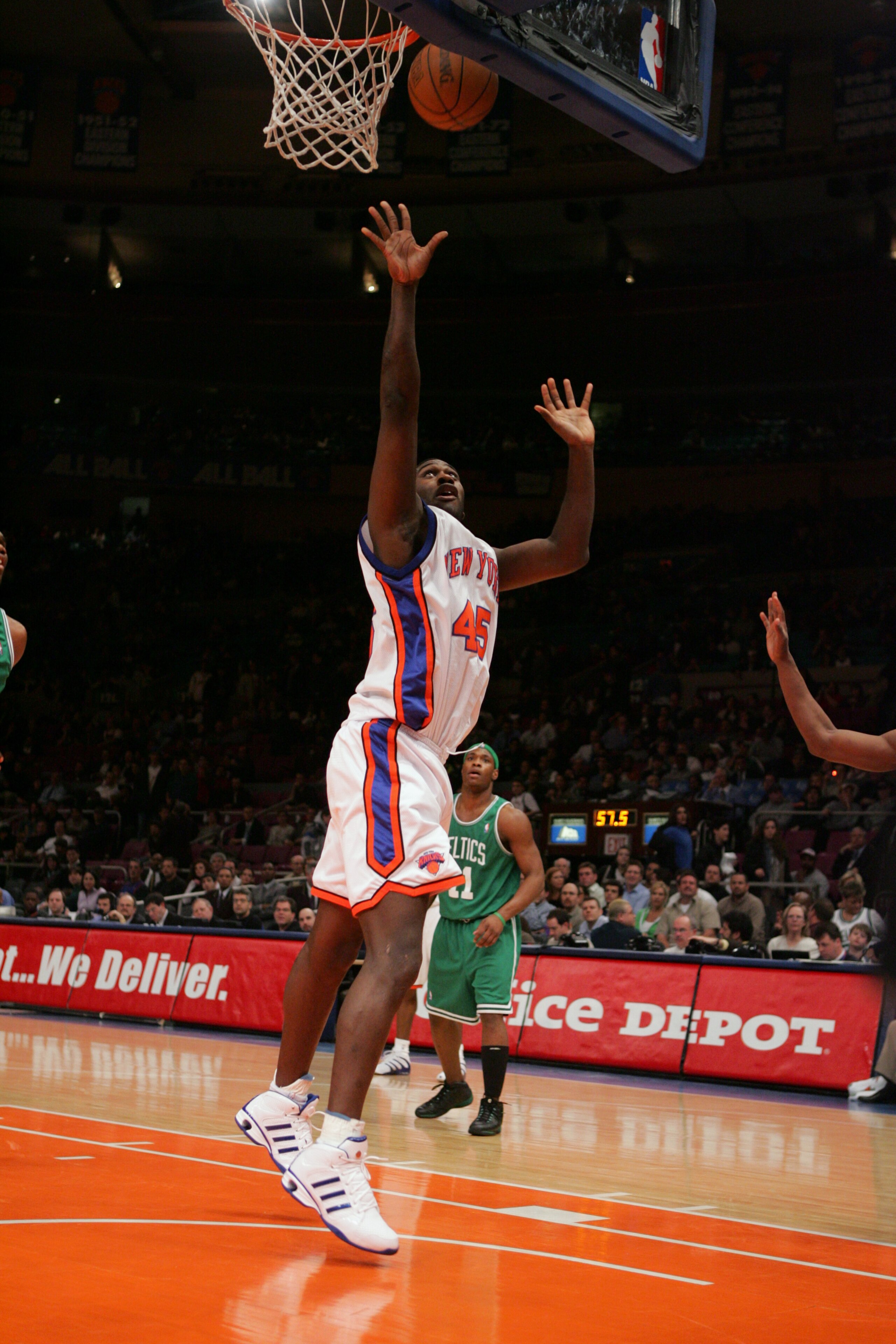 NEW YORK - MARCH 23:  Jackie Butler #45 of the New York Knicks shoots against the Boston Celtics during the game on March 23, 2005 at Madison Square Garden in New York City.  The Knicks won 107-82.  NOTE TO USER:  User expressly acknowledges and agrees th