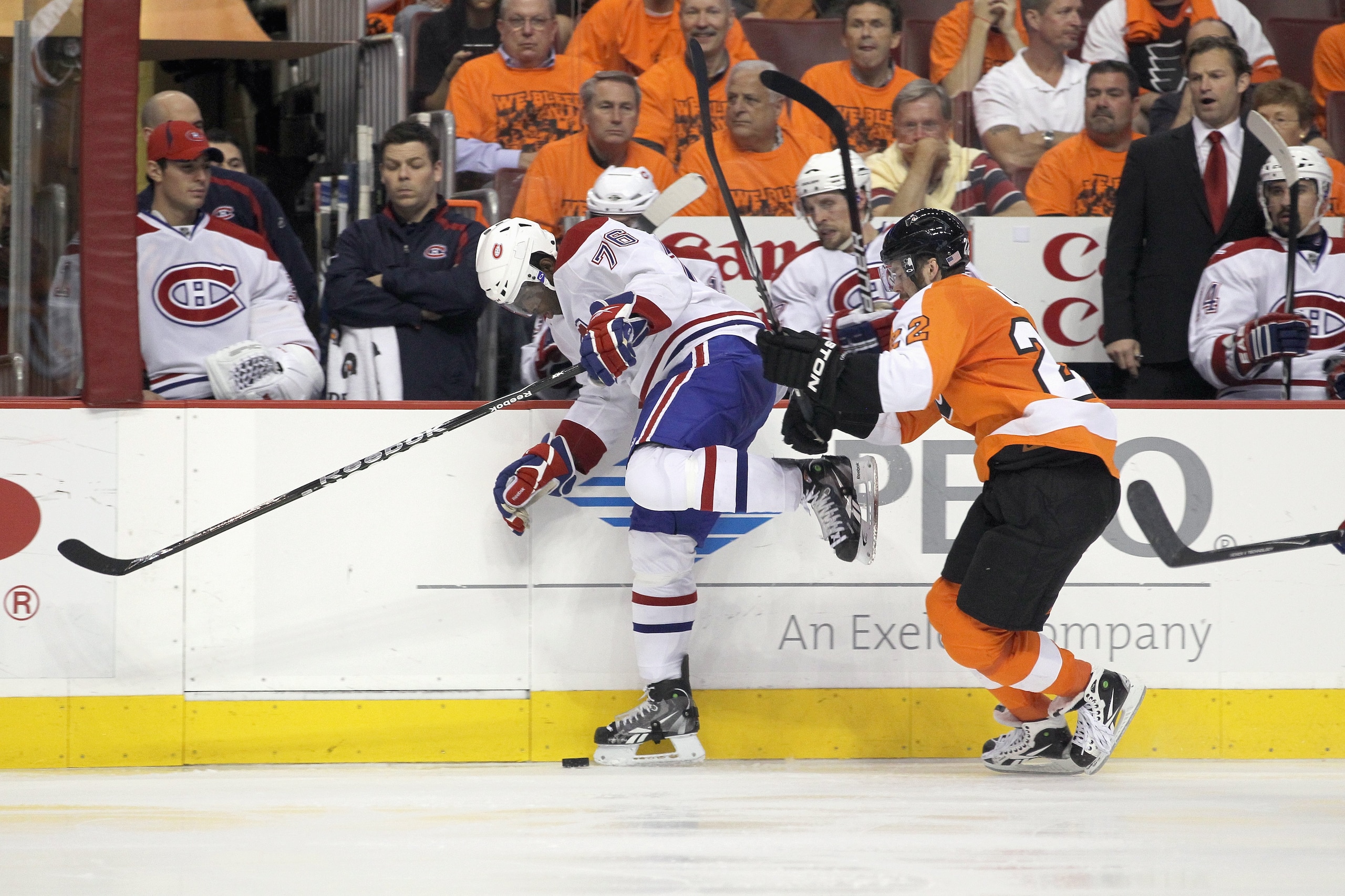 PHILADELPHIA - MAY 24:  Ville Leino #22of the Philadelphia Flyers pushes PK Subban #76 of the Montreal Canadiens in Game 5 of the Eastern Conference Finals during the 2010 NHL Stanley Cup Playoffs at Wachovia Center on May 24, 2010 in Philadelphia, Pennsy