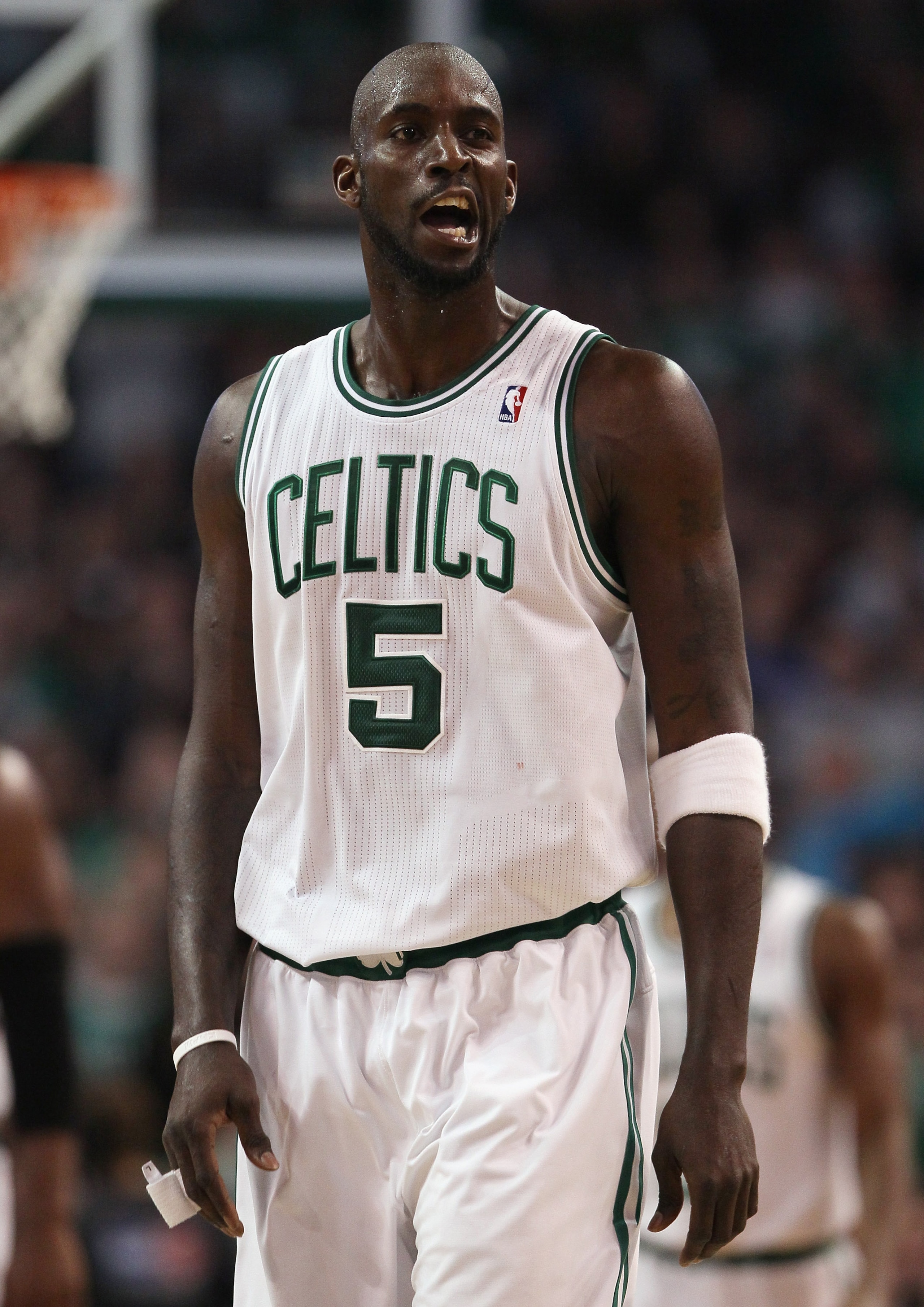 BOSTON, MA - JANUARY 17:  Kevin Garnett #5 of the Boston Celtics reacts as he heads to the bench during a time out in the fourth quarter against the Orlando Magic on January 17, 2011 at the TD Garden in Boston, Massachusetts. The Celtics defeated the Magi