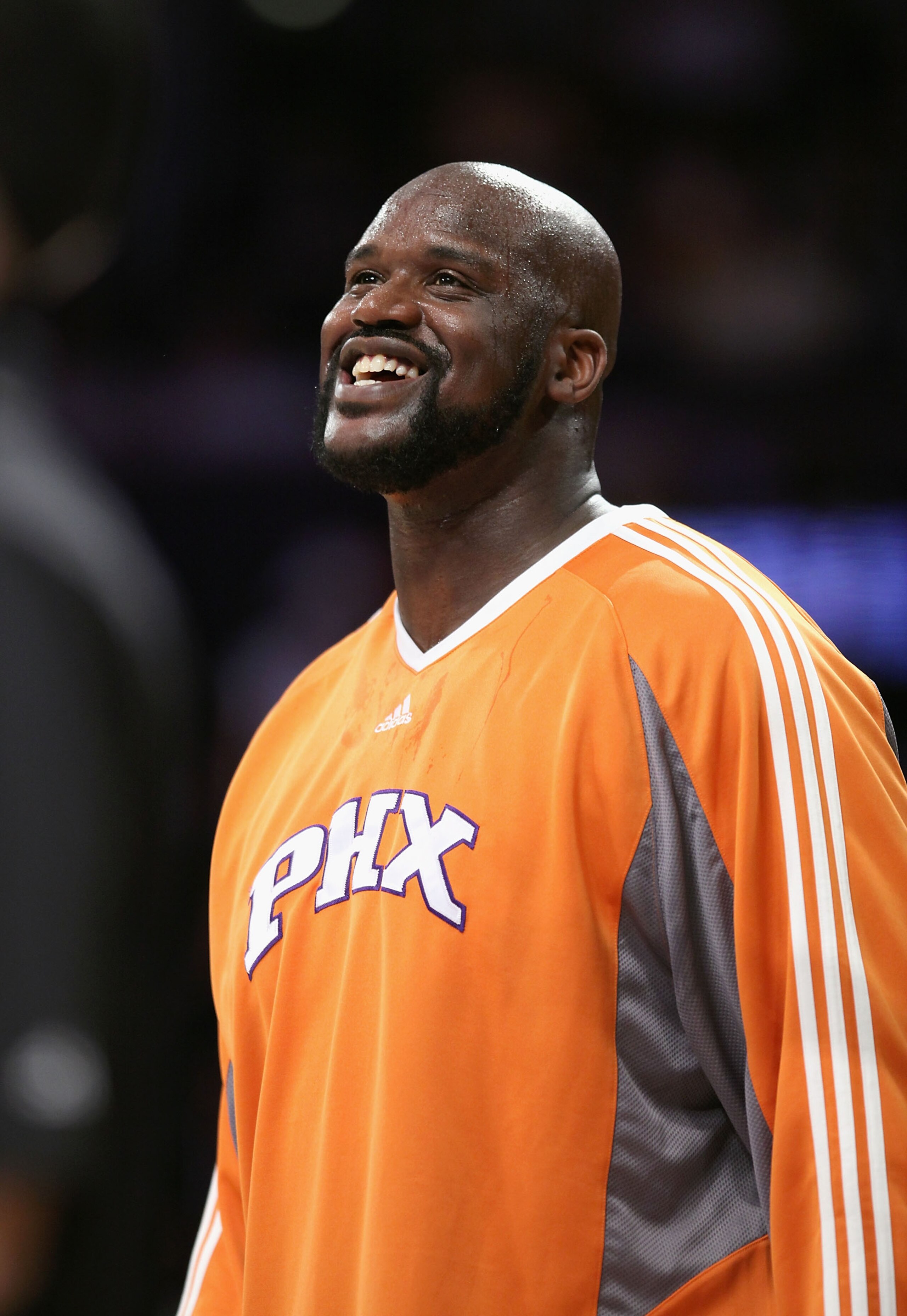 LOS ANGELES, CA - FEBRUARY 26:  Shaquille O'Neal #32 of the Phoenix Suns smiles on the court during warm-ups prior to the NBA game against the Los Angeles Lakers at Staples Center February 26, 2009 in Los Angeles, California.  NOTE TO USER: User expressly