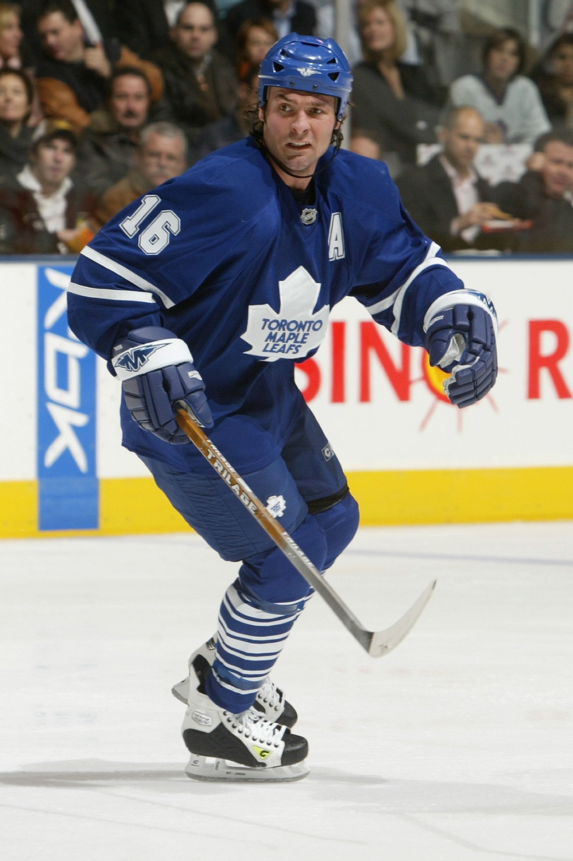 TORONTO - JANUARY 15:  Darcy Tucker #16 of the Toronto Maple Leafs skates against the Carolina Hurricanes at Air Canada Centre on January 15, 2008 in Toronto, Ontario. (Photo by Dave Sandford/Getty Images)