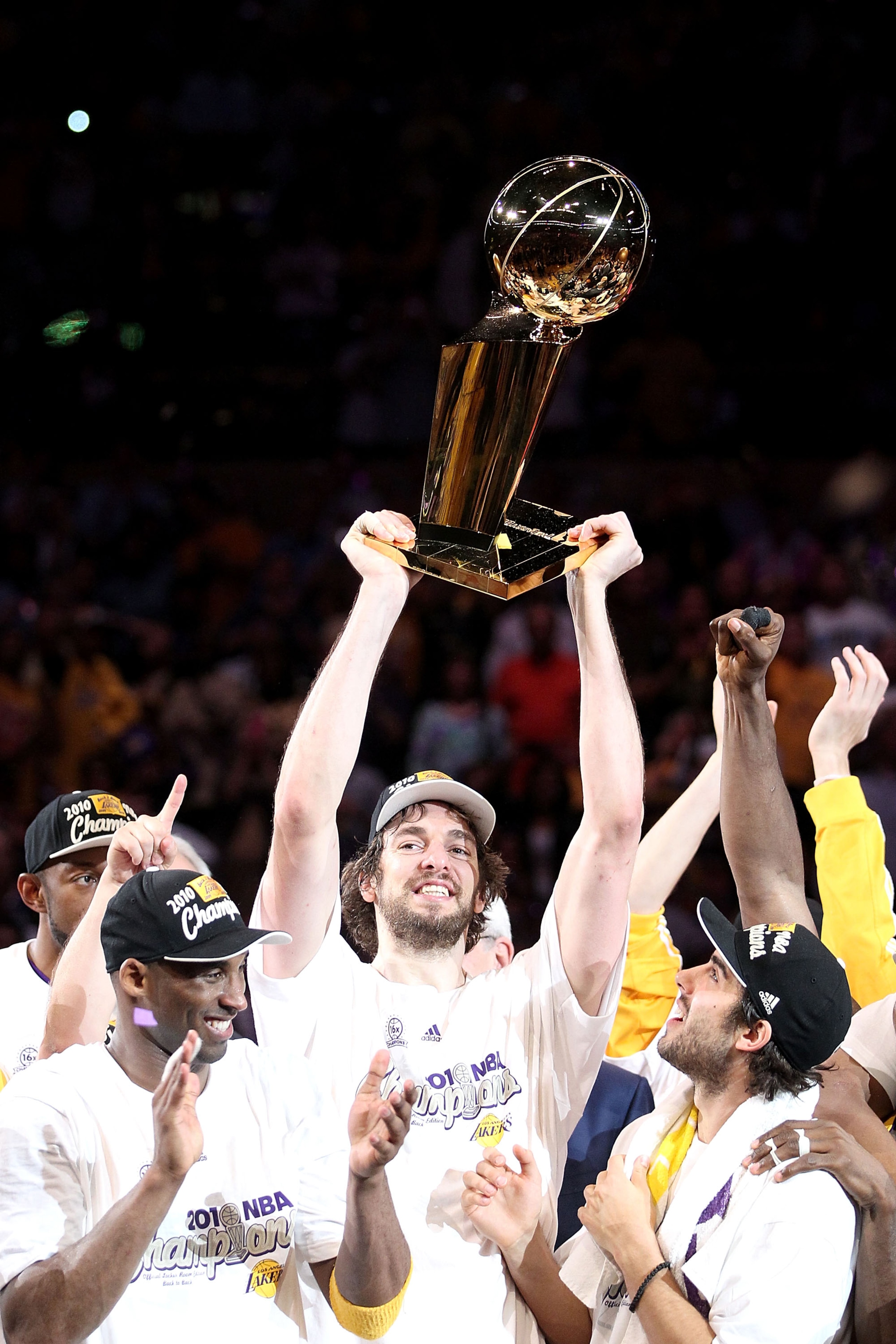 LOS ANGELES, CA - JUNE 17:  Pau Gasol #16 of the Los Angeles Lakers holds up the Larry O'Brien trophy after the Lakers defeated the Boston Celtics in Game Seven of the 2010 NBA Finals at Staples Center on June 17, 2010 in Los Angeles, California.  NOTE TO