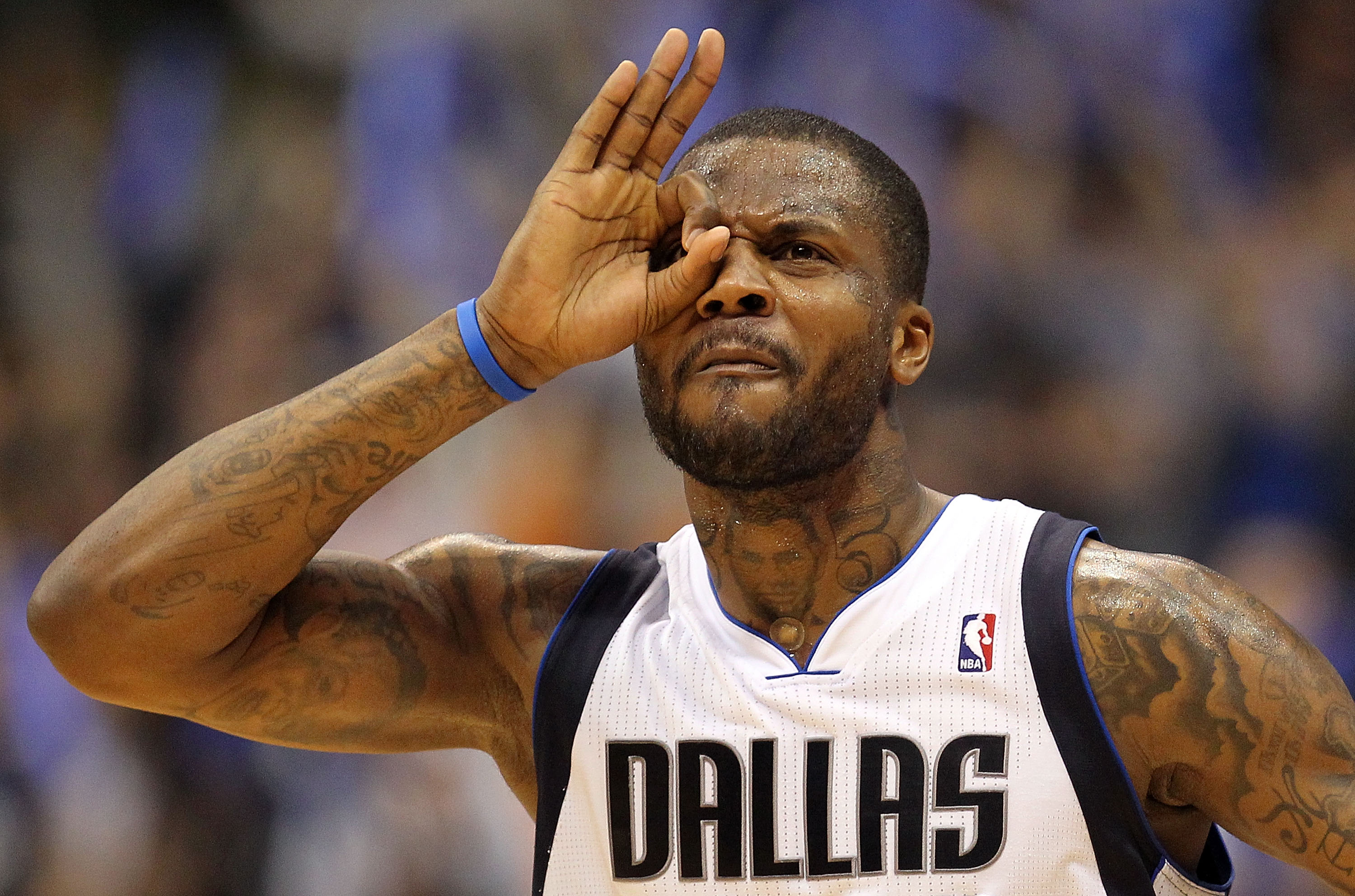 DALLAS, TX - JANUARY 04:  Guard DeShawn Stevenson #92 of the Dallas Mavericks reacts  after making a three point shot against the Portland Trail Blazers at American Airlines Center on January 4, 2011 in Dallas, Texas.  NOTE TO USER: User expressly acknowl