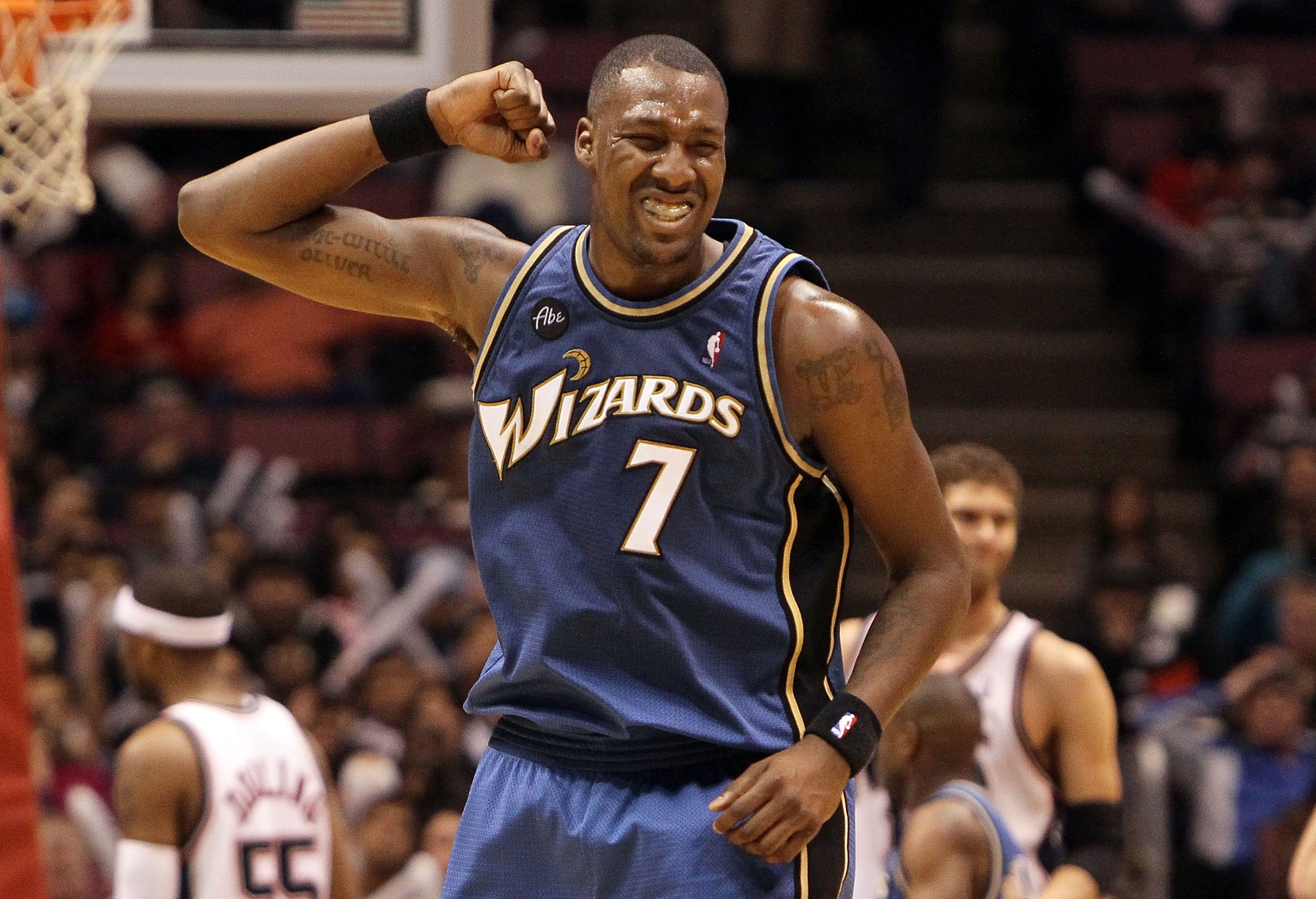 EAST RUTHERFORD, NJ - JANUARY 29:  Andray Blatche #7 of the Washington Wizards celebrates a basket against the New Jersey Nets at the Izod Center on January 29, 2010 in East Rutherford, New Jersey. The Wizards defeated the Nets 81-79.NOTE TO USER: User ex