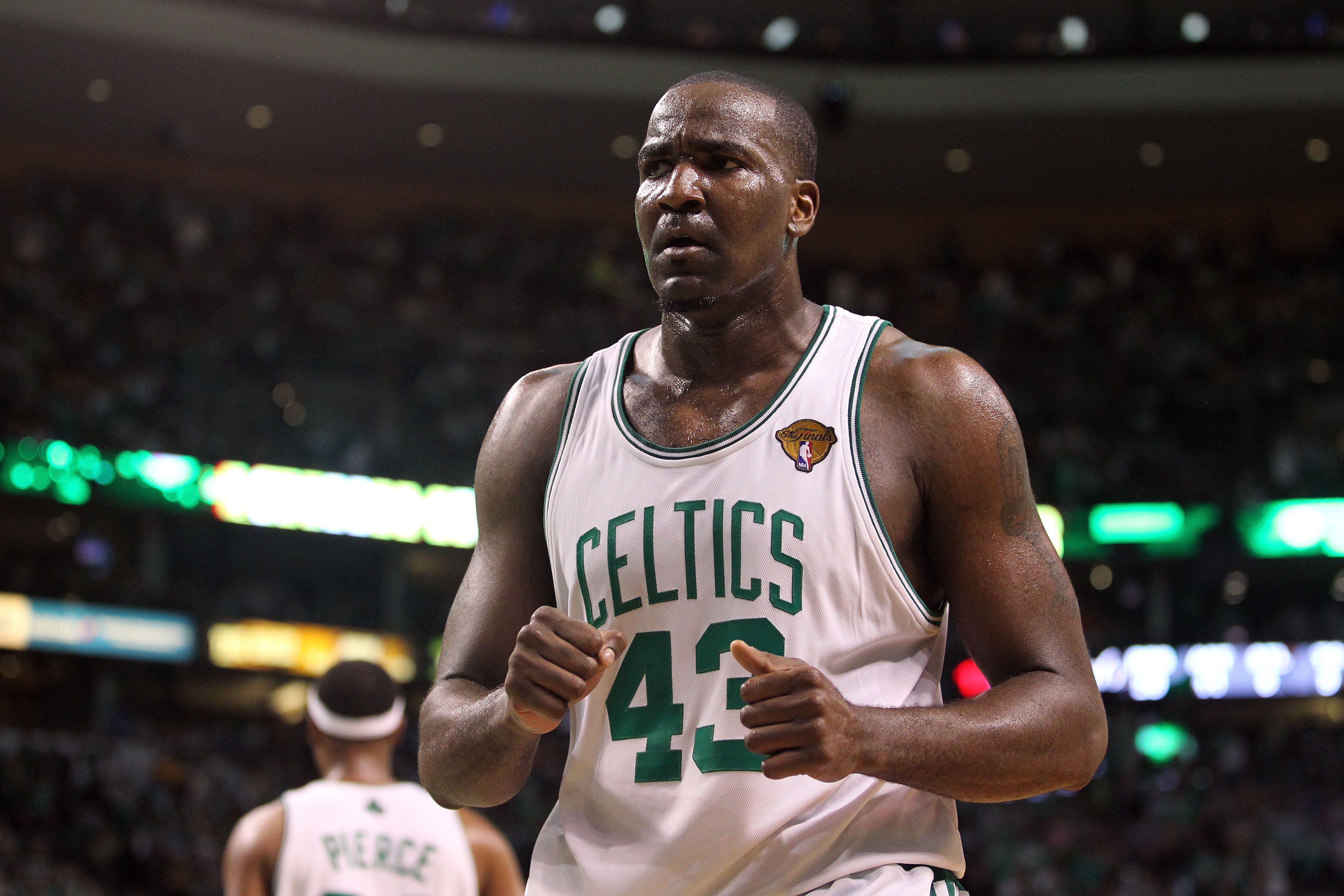 BOSTON - JUNE 10:  Kendrick Perkins #43 of the Boston Celtics looks on against the Los Angeles Lakers during Game Four of the 2010 NBA Finals on June 10, 2010 at TD Garden in Boston, Massachusetts. The Celtics won 96-89. NOTE TO USER: User expressly ackno