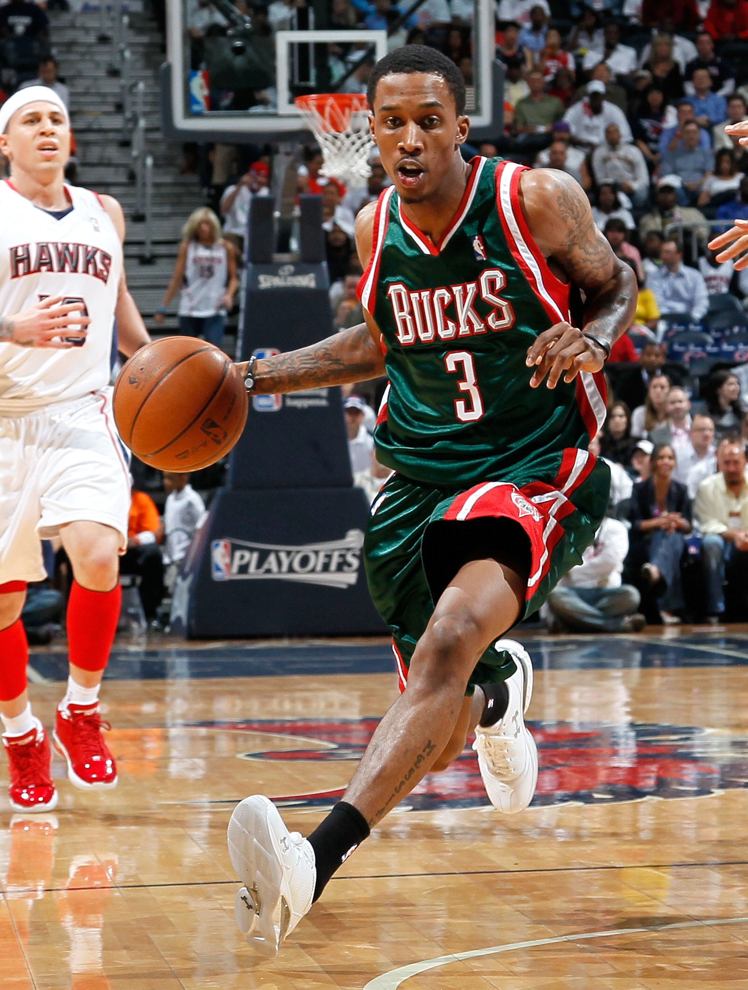 ATLANTA - APRIL 20:  Brandon Jennings #3 of the Milwaukee Bucks against the Atlanta Hawks at Philips Arena on April 20, 2010 in Atlanta, Georgia.  NOTE TO USER: User expressly acknowledges and agrees that, by downloading and/or using this Photograph, User