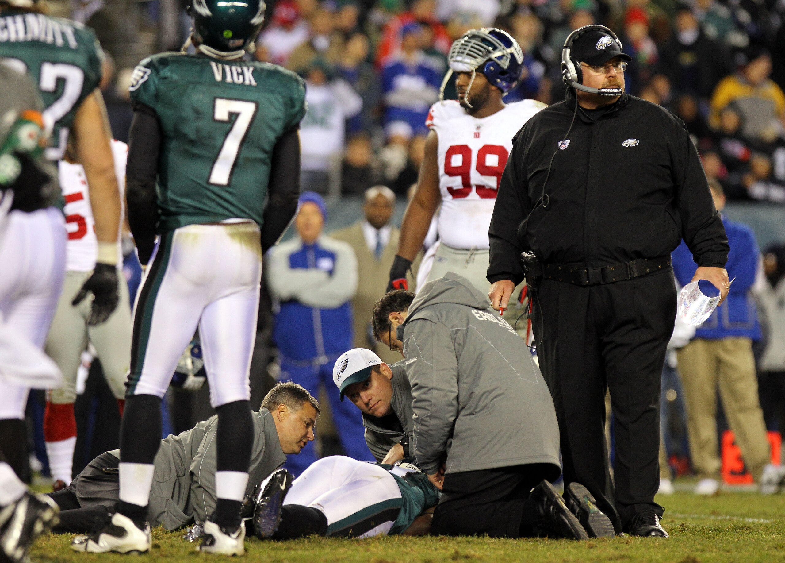 PHILADELPHIA - NOVEMBER 21: Ellis Hobbs #31 of the Philadelphia Eagles is tended to after getting injured on a kickoff returns against the New York Giants as head coach Andy Reid (R) looks on at Lincoln Financial Field on November 21, 2010 in Philadelphia PHILADELPHIA - NOVEMBER 21: Ellis Hobbs #31 of the Philadelphia Eagles is tended to after getting injured on a kickoff returns against the New York Giants as head coach Andy Reid (R) looks on at Lincoln Financial Field on November 21, 2010 in Philadelphia