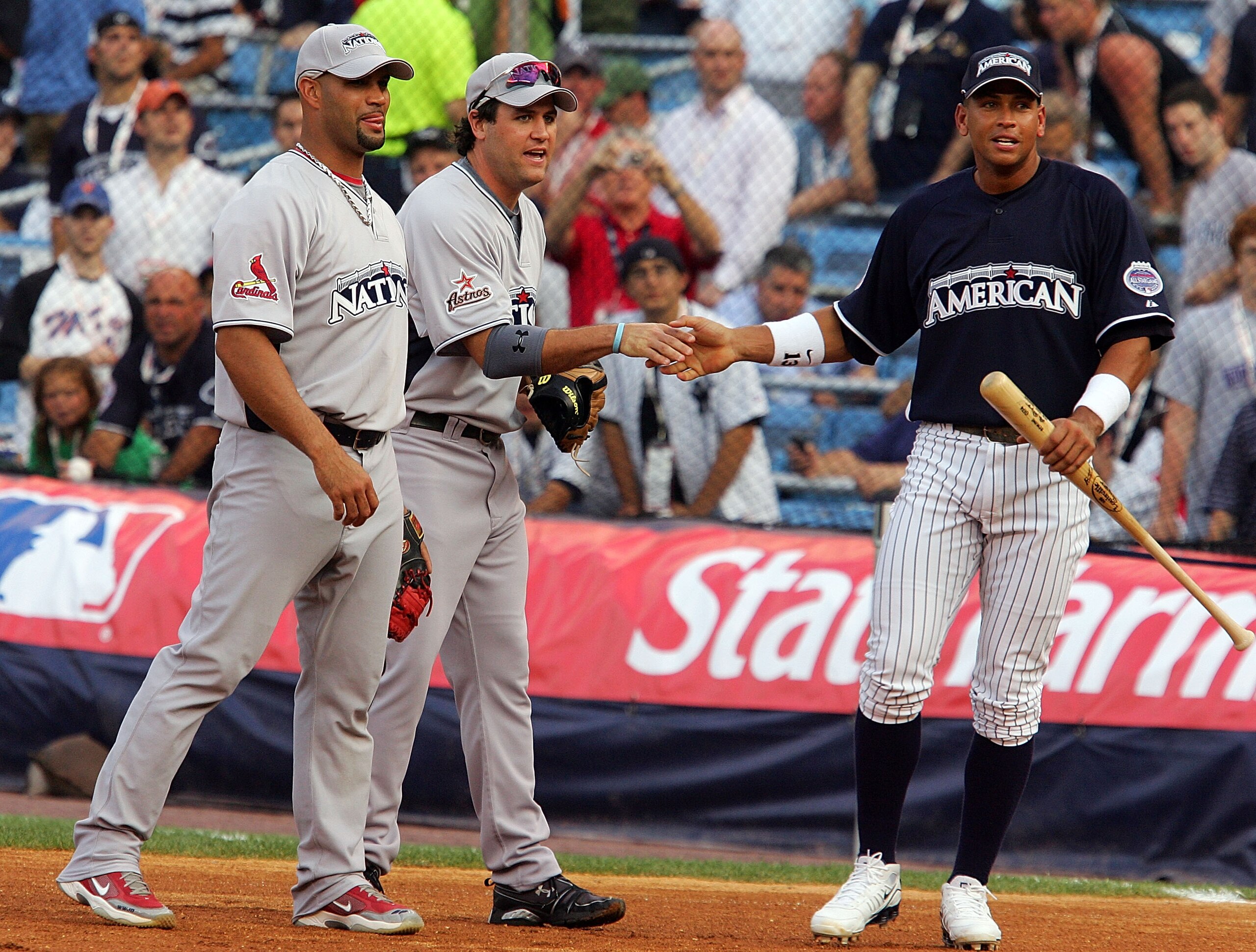 NEW YORK - JULY 14: (L-R) Alberto Pujols of the St Louis Cardinals, Lance Berkman of the Houston Astros and Alex Rodriguez of the New York Yankees talk during batting practice for the 2008 MLB All-Star game at Yankee Stadium on July 14, 2008 in the Bronx NEW YORK - JULY 14: (L-R) Alberto Pujols of the St Louis Cardinals, Lance Berkman of the Houston Astros and Alex Rodriguez of the New York Yankees talk during batting practice for the 2008 MLB All-Star game at Yankee Stadium on July 14, 2008 in the Bronx