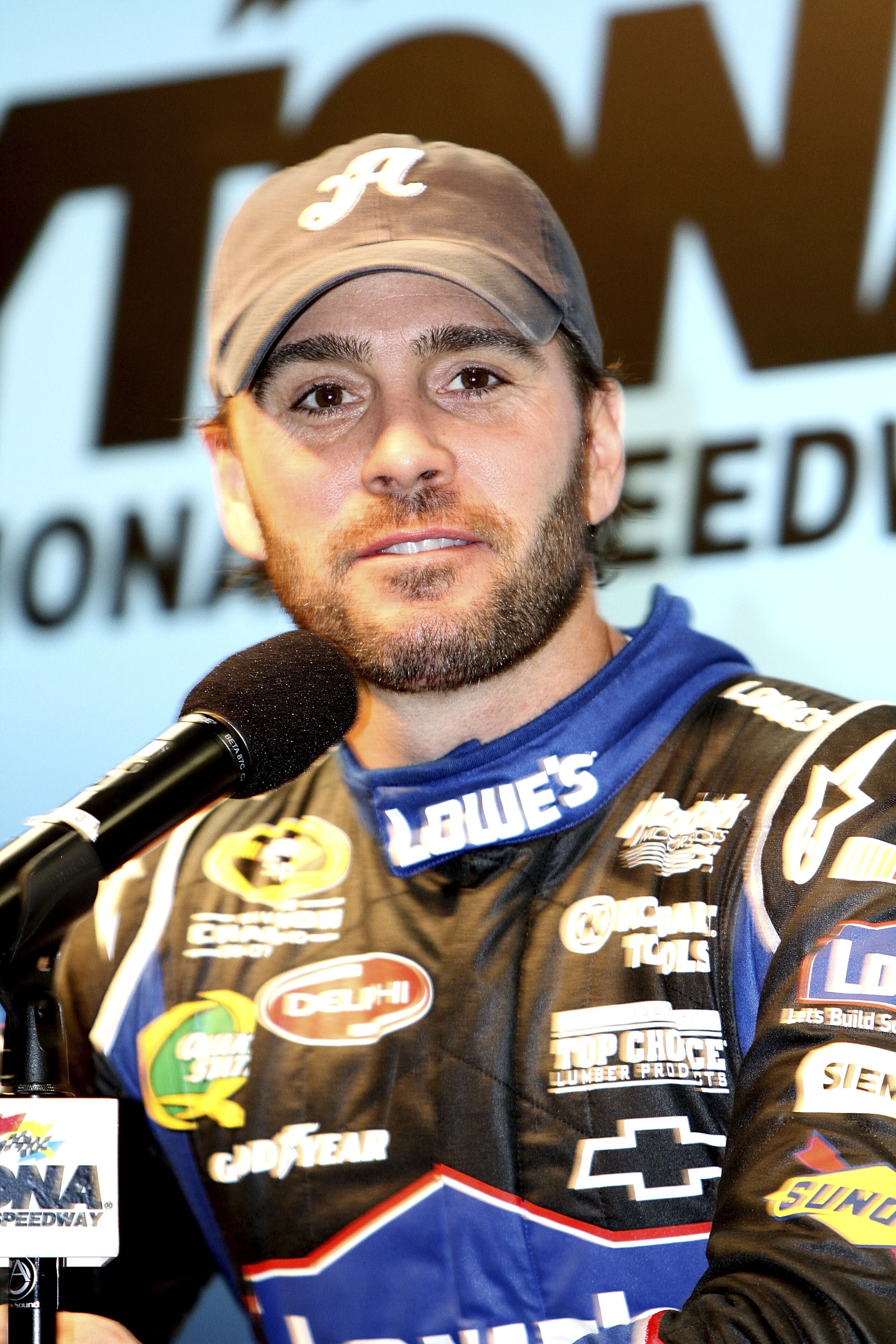 DAYTONA BEACH, FL - JANUARY 20:  Jimmie Johnson, driver of the #48 Lowes Chevrolet addresses the media during testing at Daytona International Speedway on January 20, 2011 in Daytona Beach, Florida.  (Photo by Jerry Markland/Getty Images for NASCAR)