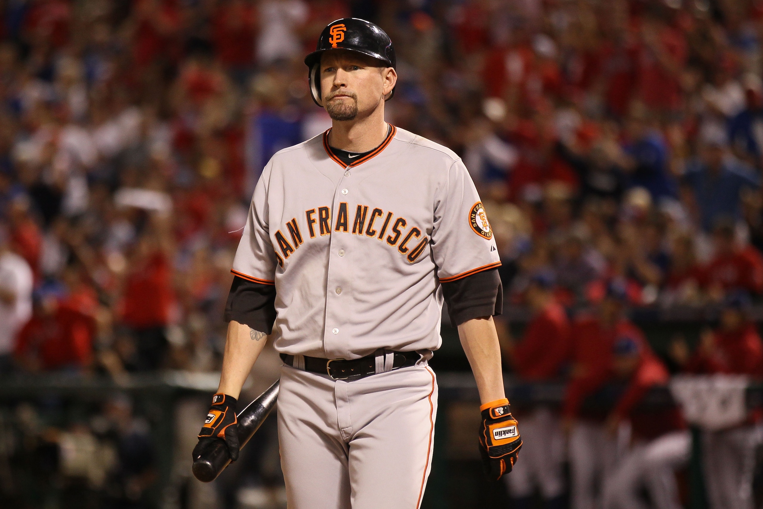 ARLINGTON, TX - OCTOBER 31: Aubrey Huff #17 of the San Francisco Giants reacts to striking out to end the fifth inning of Game Four of the 2010 MLB World Series against the Texas Rangers at Rangers Ballpark in Arlington on October 31, 2010 in Arlington, ARLINGTON, TX - OCTOBER 31: Aubrey Huff #17 of the San Francisco Giants reacts to striking out to end the fifth inning of Game Four of the 2010 MLB World Series against the Texas Rangers at Rangers Ballpark in Arlington on October 31, 2010 in Arlington,