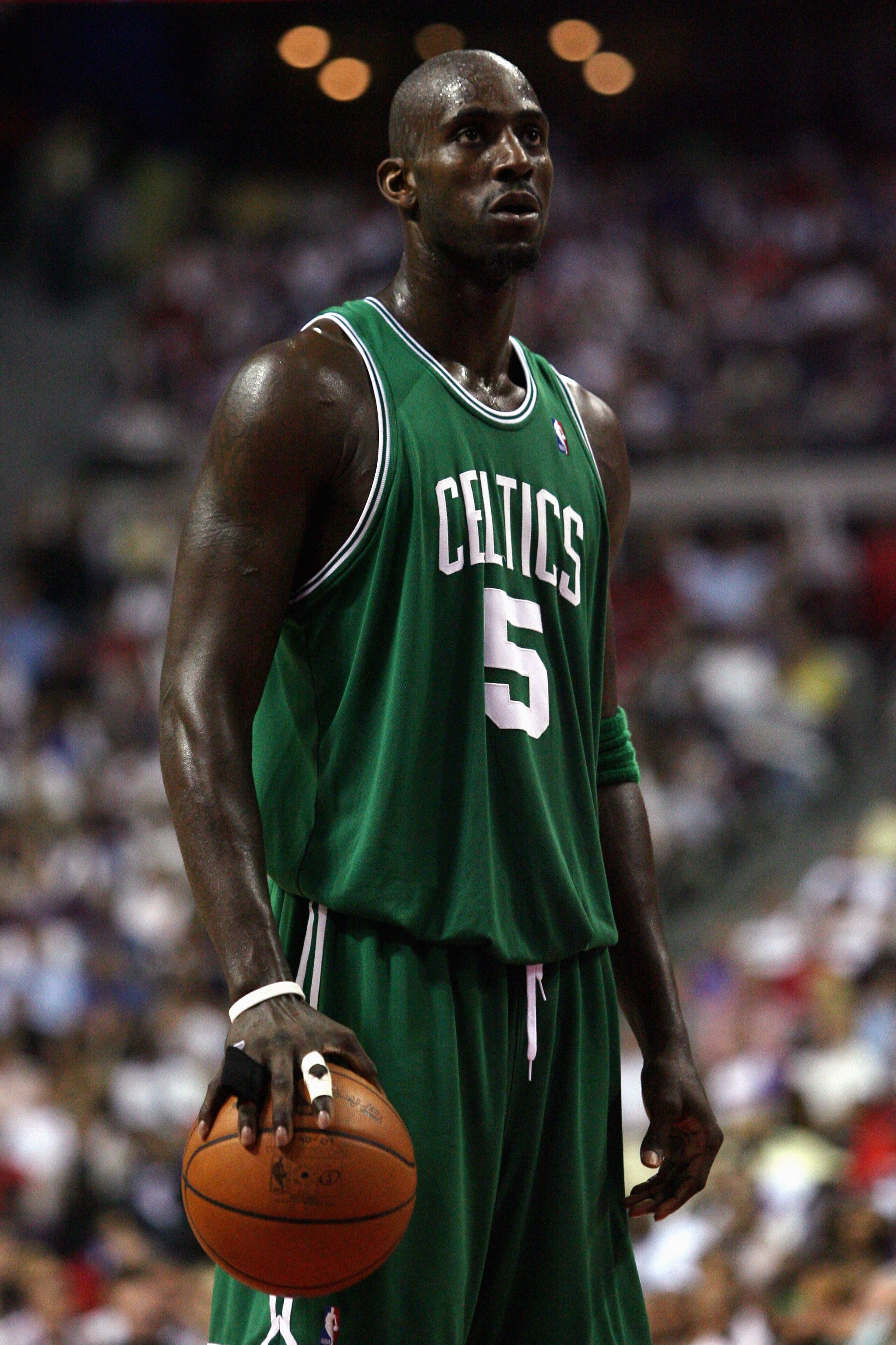 AUBURN HILLS, MI - MAY 30:  Kevin Garnett #5 of the Boston Celtics looks on in Game Six of the Eastern Conference Finals against the Detroit Pistons during the 2008 NBA Playoffs at the Palace of Auburn Hills on May 30, 2008 in Auburn Hills, Michigan.  The