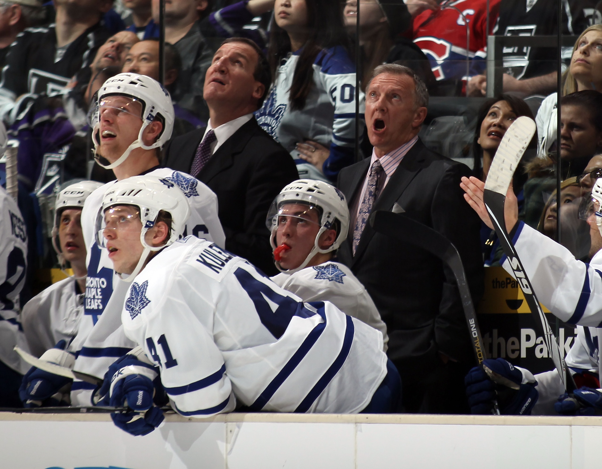 LOS ANGELES, CA - JANUARY 10: Head coach Ron Wilson (R) of the Toronto Maple Leafs reacts to a scoreboard video replay during the game against the Los Angeles Kings at the Staples Center on January 10, 2011 in Los Angeles, California. The Leafs defeated t