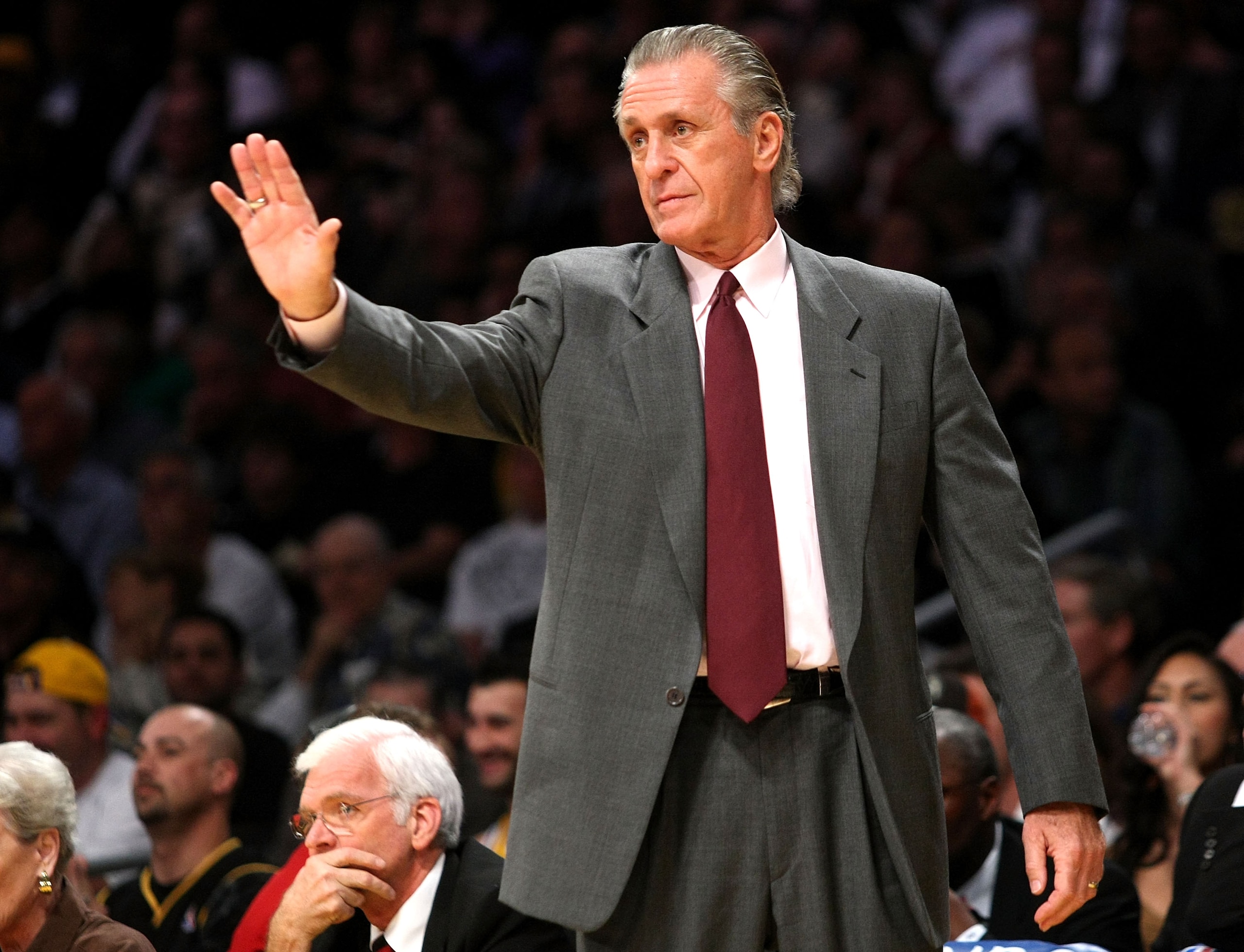 LOS ANGELES - FEBRUARY 28:    Head coach Pat Riley of the Miami Heat gestures during the game with the Los Angeles Lakers on February 28, 2008 at Staples Center in Los Angeles, California.  The Lakers won 106-88. NOTE TO USER: User expressly acknowledges