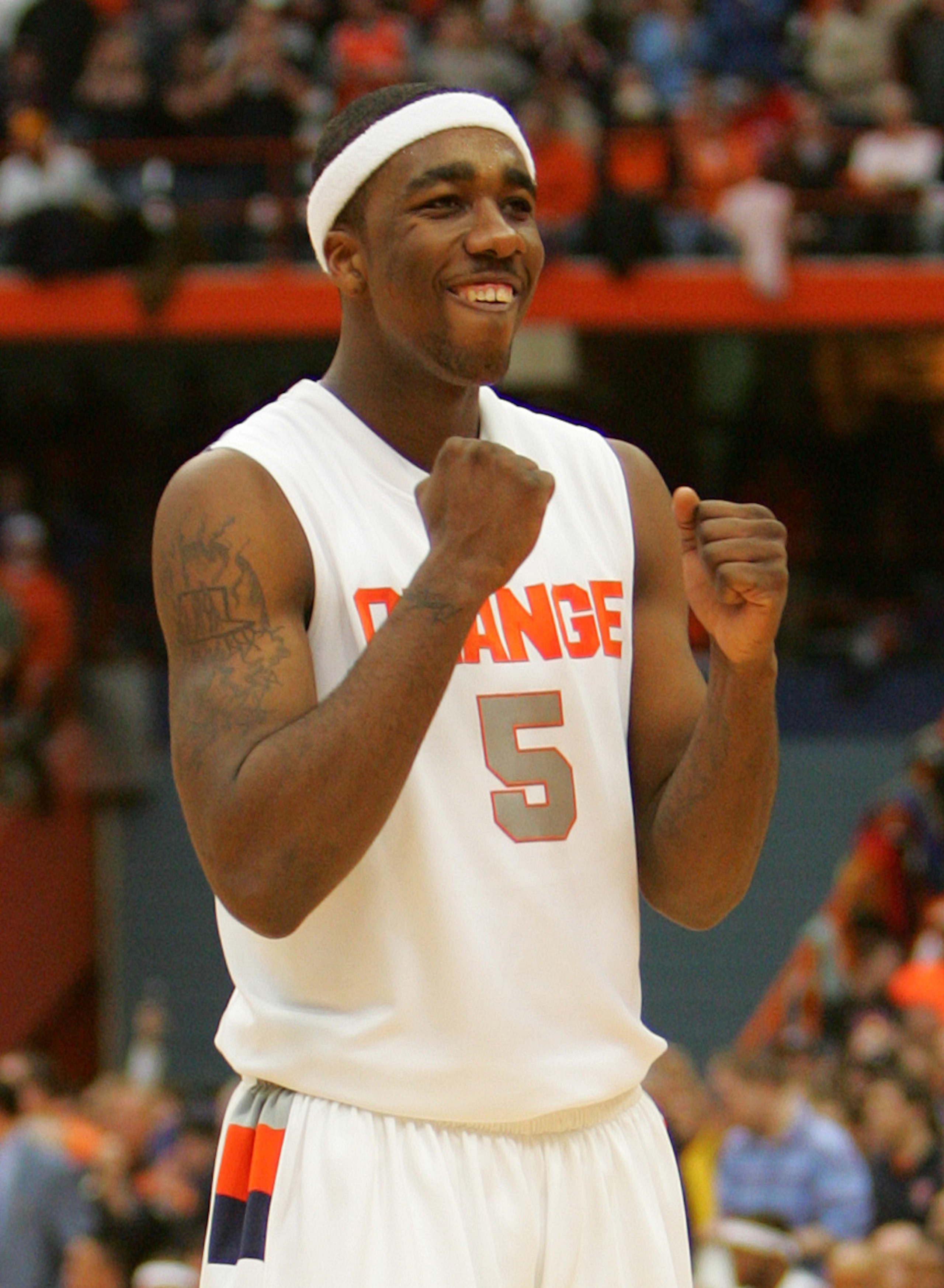 SYRACUSE, NY - FEBRUARY 16:  Forward Donte Greene #5 of the Syracuse Orange celebrates as time expires during the game between the Georgetown University Hoyas and the Syracuse University Orange at the Carrier Dome February 16, 2008 in Syracuse, New York.