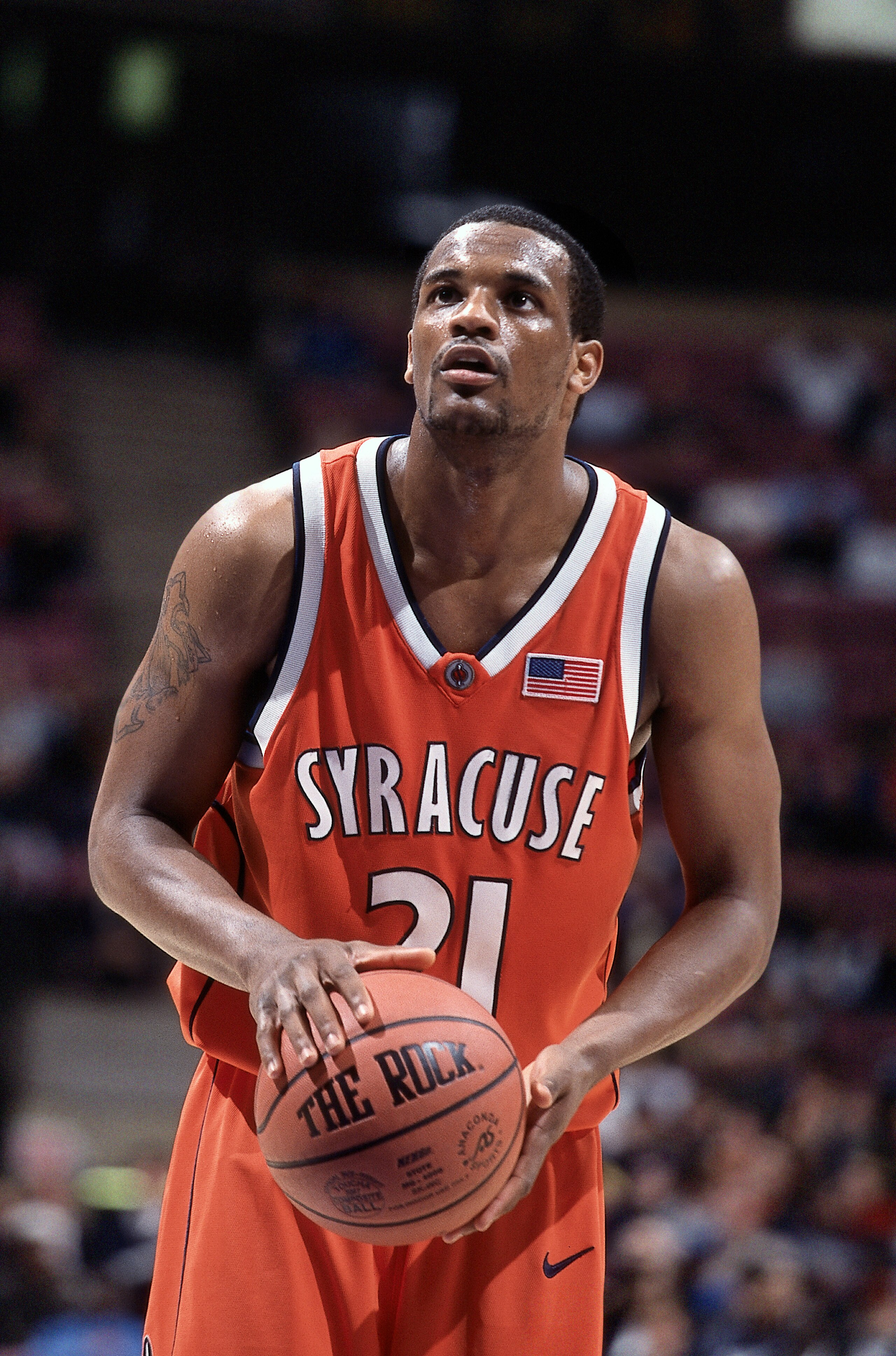 21 Feb 2002:  DeShaun Williams #21 of the Syracuse Orangemen shoots a free throw during the Big East Conference basketball game against the Seton Hall Pirates at Continental Airlines Arena in East Rutherford, New Jersey.  The Orangemen edged the Pirates 7