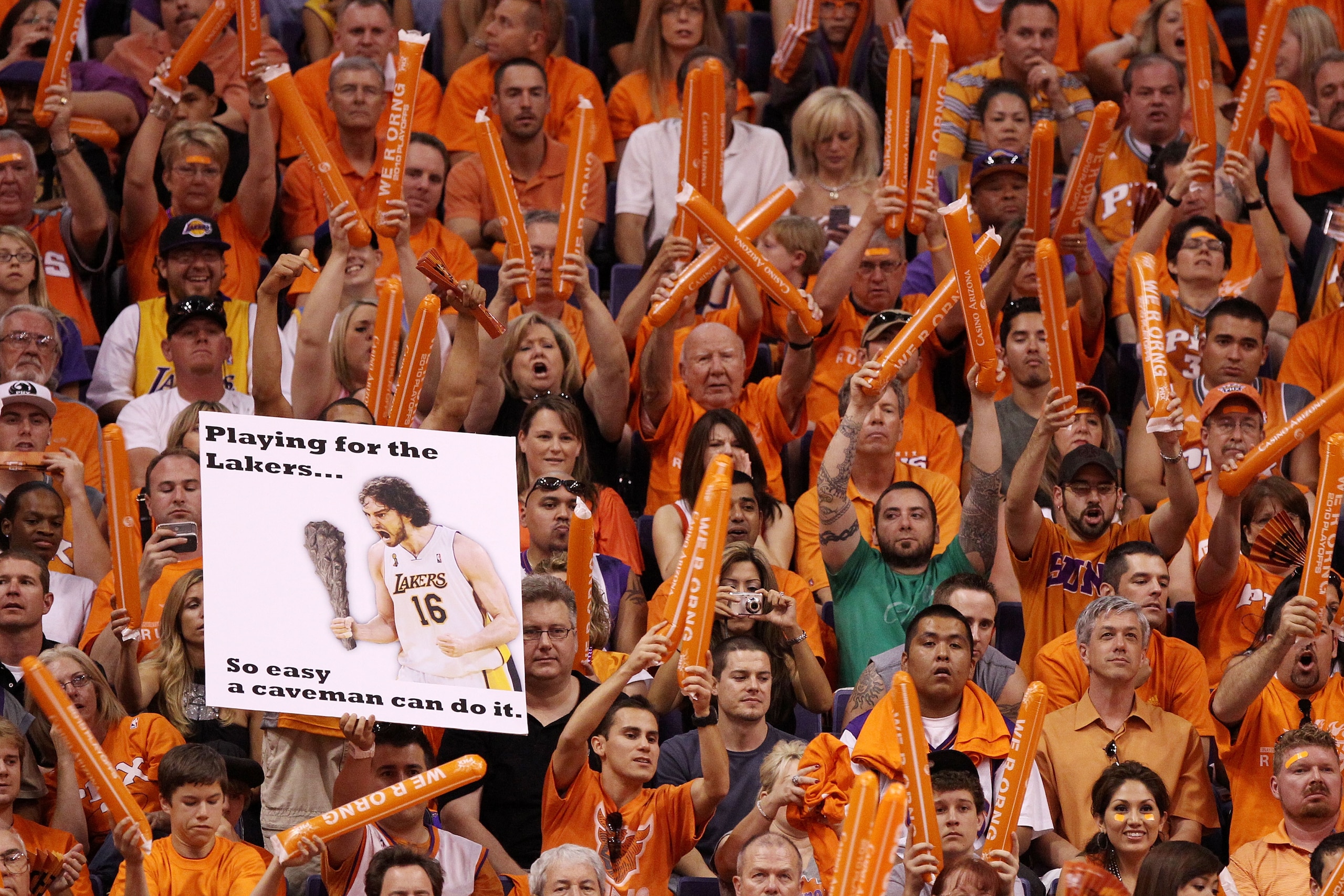 PHOENIX - MAY 29: Fans of the Phoenix Suns cheer against the Los Angeles Lakers in the first quarter of Game Six of the Western Conference Finals during the 2010 NBA Playoffs at US Airways Center on May 29, 2010 in Phoenix, Arizona. NOTE TO USER: User ex PHOENIX - MAY 29: Fans of the Phoenix Suns cheer against the Los Angeles Lakers in the first quarter of Game Six of the Western Conference Finals during the 2010 NBA Playoffs at US Airways Center on May 29, 2010 in Phoenix, Arizona. NOTE TO USER: User ex