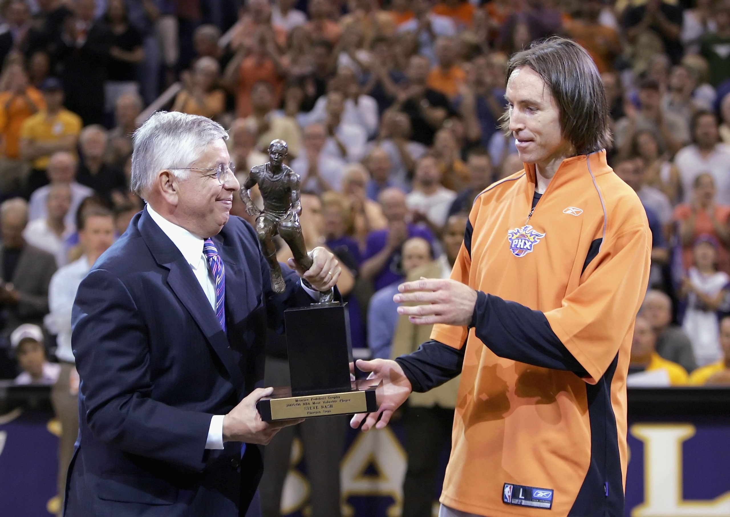 PHOENIX - MAY 8: Commissioner David Stern presents Steve Nash of the Phoenix Suns with the Most Valuable Player trophy before game one of the Western Conference Semifinals against the Los Angeles Clippers during the 2006 NBA Playoffs on May 8, 2006 at U PHOENIX - MAY 8: Commissioner David Stern presents Steve Nash of the Phoenix Suns with the Most Valuable Player trophy before game one of the Western Conference Semifinals against the Los Angeles Clippers during the 2006 NBA Playoffs on May 8, 2006 at U
