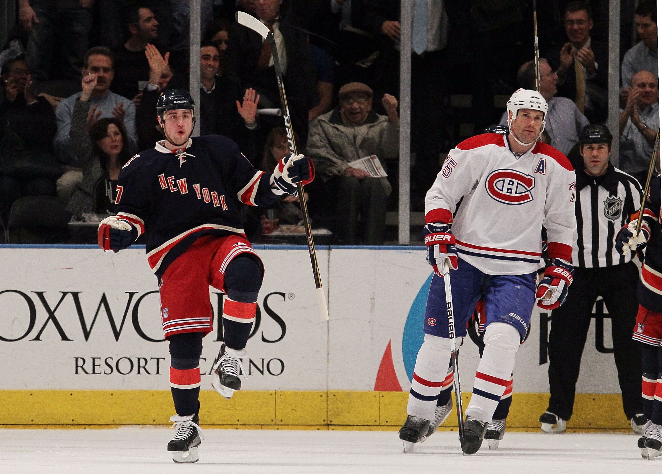 NEW YORK, NY - JANUARY 11:  Brandon Dubinsky #17 of the New York Rangers celebrates his first period goal against the Montreal Canadiens on January 11, 2011 at Madison Square Garden in New York City.  (Photo by Jim McIsaac/Getty Images)