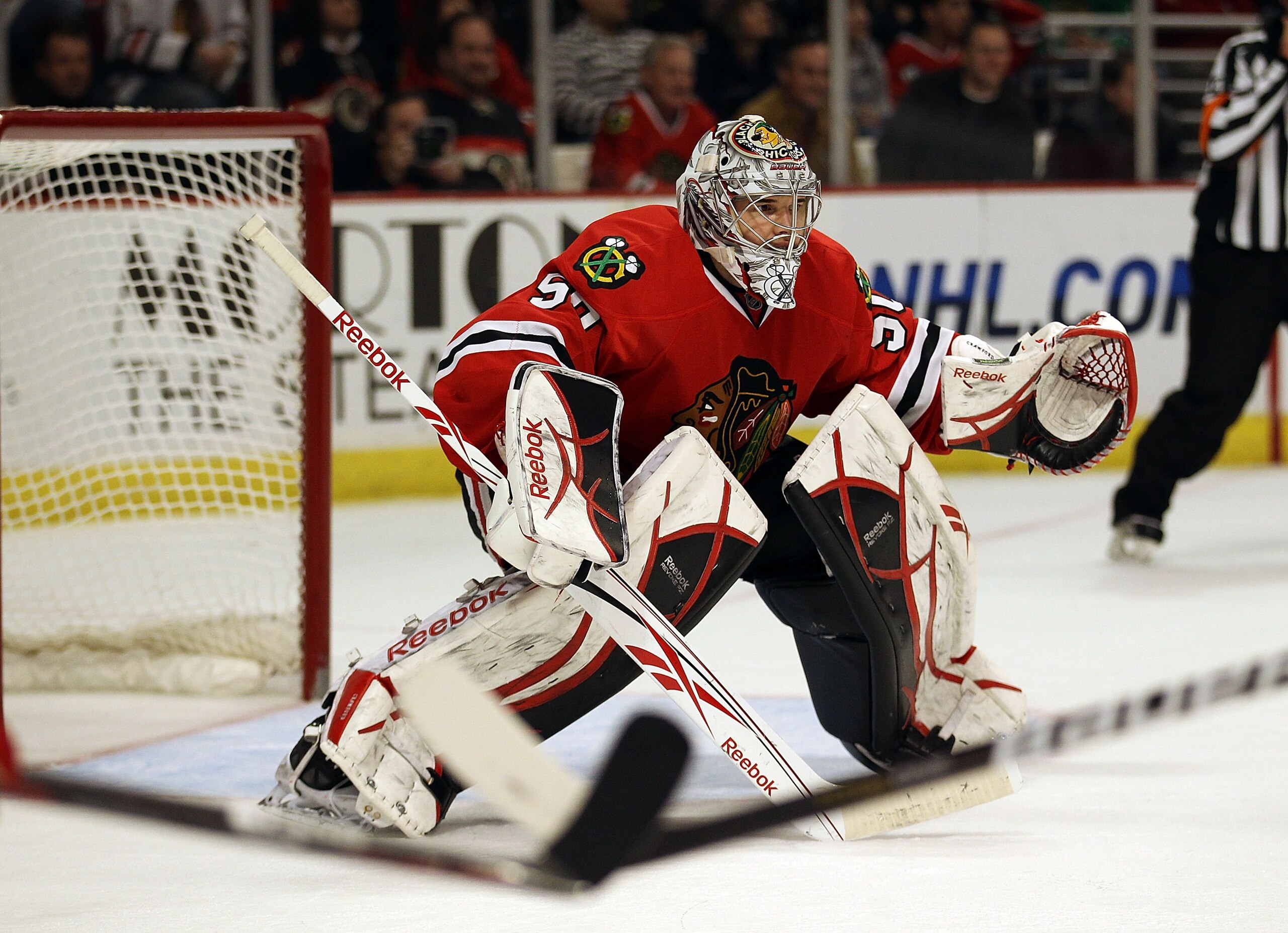 CHICAGO, IL - DECEMBER 17: Corey Crawford #50 of the Chicago Blackhawks watches the action against the Detroit Red Wings at the United Center on December 17, 2010 in Chicago, Illinois. The Blackhawks defeated the Red Wings 4-1. (Photo by Jonathan Daniel/ CHICAGO, IL - DECEMBER 17: Corey Crawford #50 of the Chicago Blackhawks watches the action against the Detroit Red Wings at the United Center on December 17, 2010 in Chicago, Illinois. The Blackhawks defeated the Red Wings 4-1. (Photo by Jonathan Daniel/