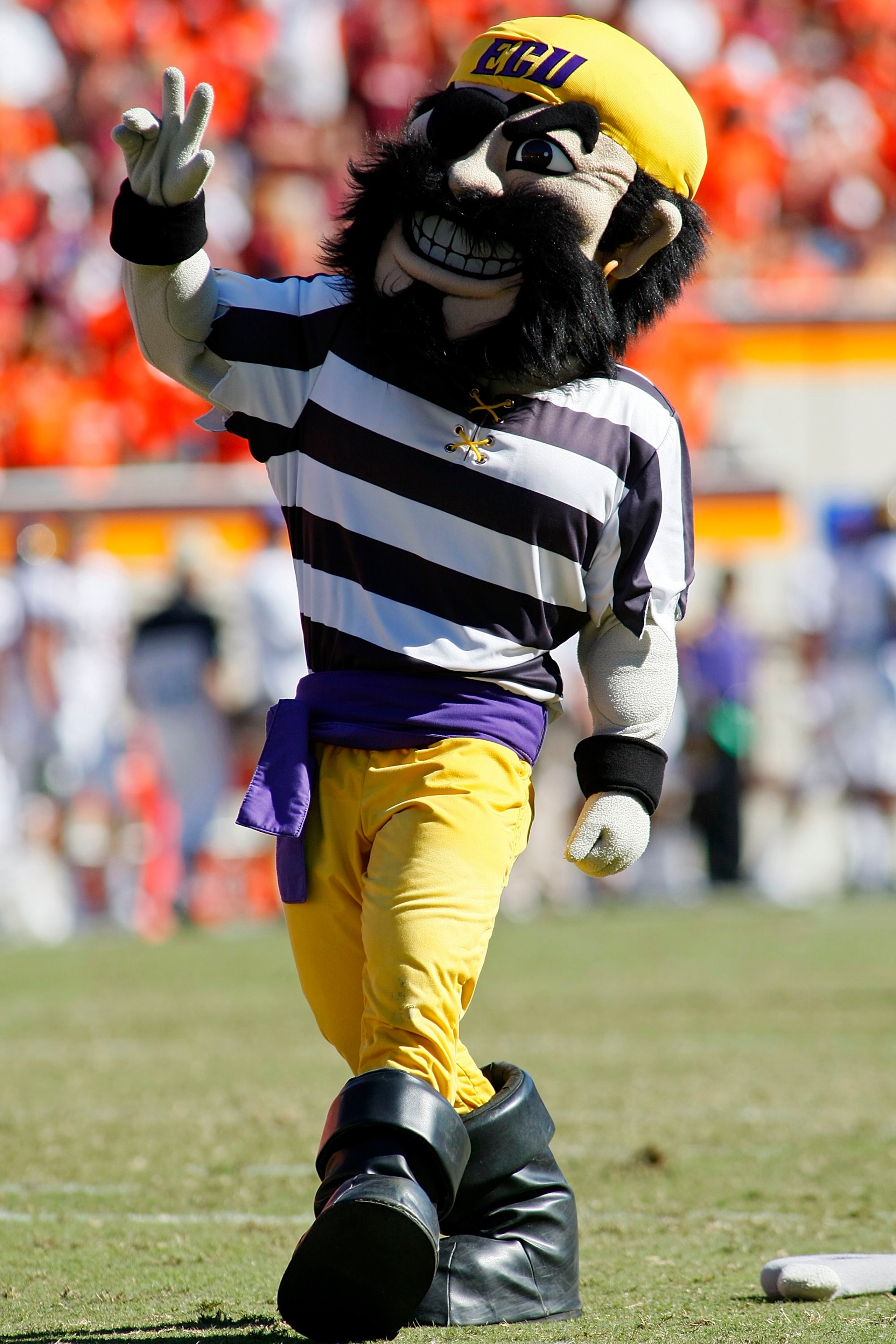 BLACKSBURG, VA - SEPTEMBER 18: The East Carolina Pirates mascot performs against the Virginia Tech Hokies at Lane Stadium on September 18, 2010 in Blacksburg, Virginia.  (Photo by Geoff Burke/Getty Images)