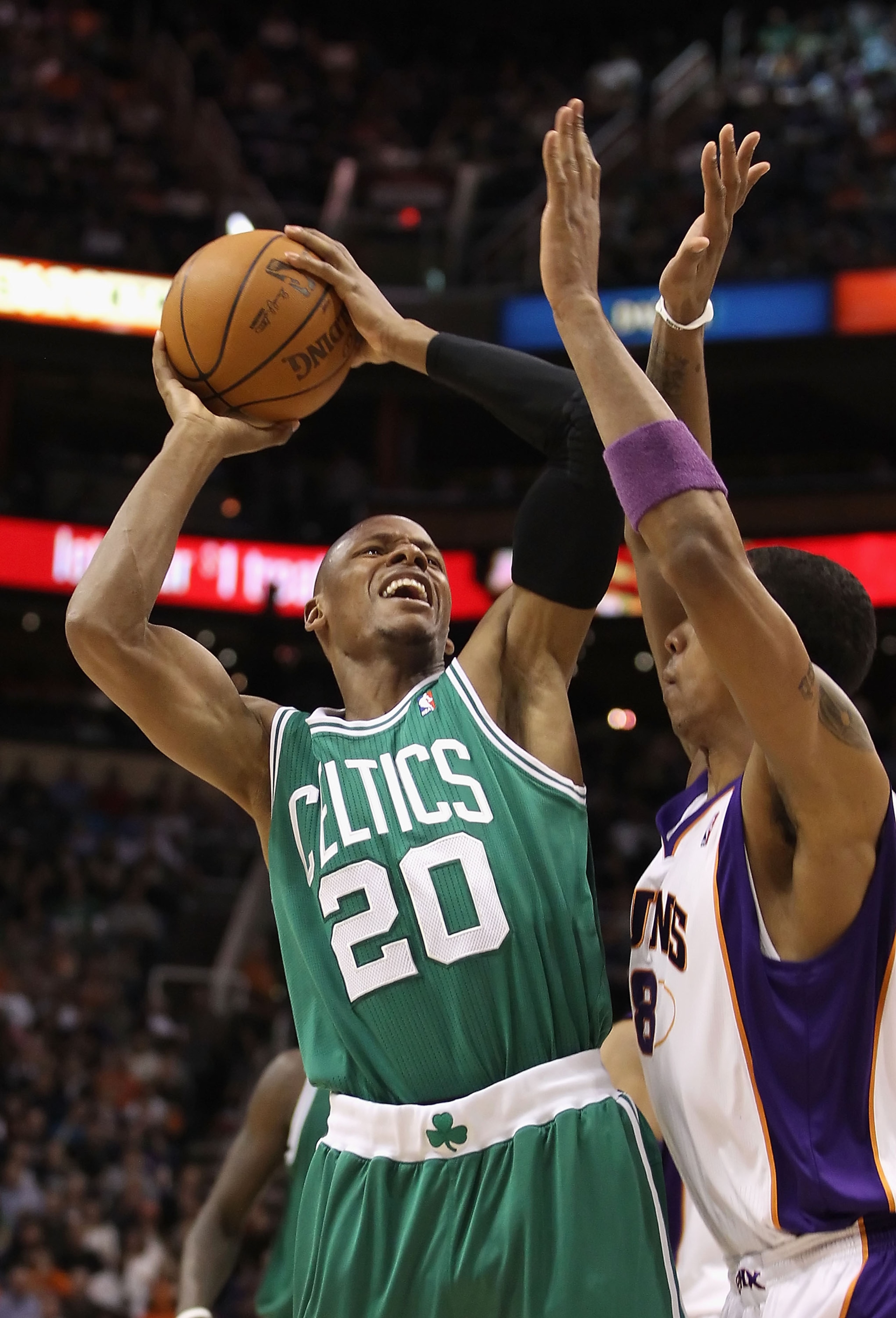 PHOENIX, AZ - JANUARY 28:  Ray Allen #20 of the Boston Celtics attempts a shot during the NBA game against the Phoenix Suns at US Airways Center on January 28, 2011 in Phoenix, Arizona.  The Suns defeated the Celtics 88-71.  NOTE TO USER: User expressly a