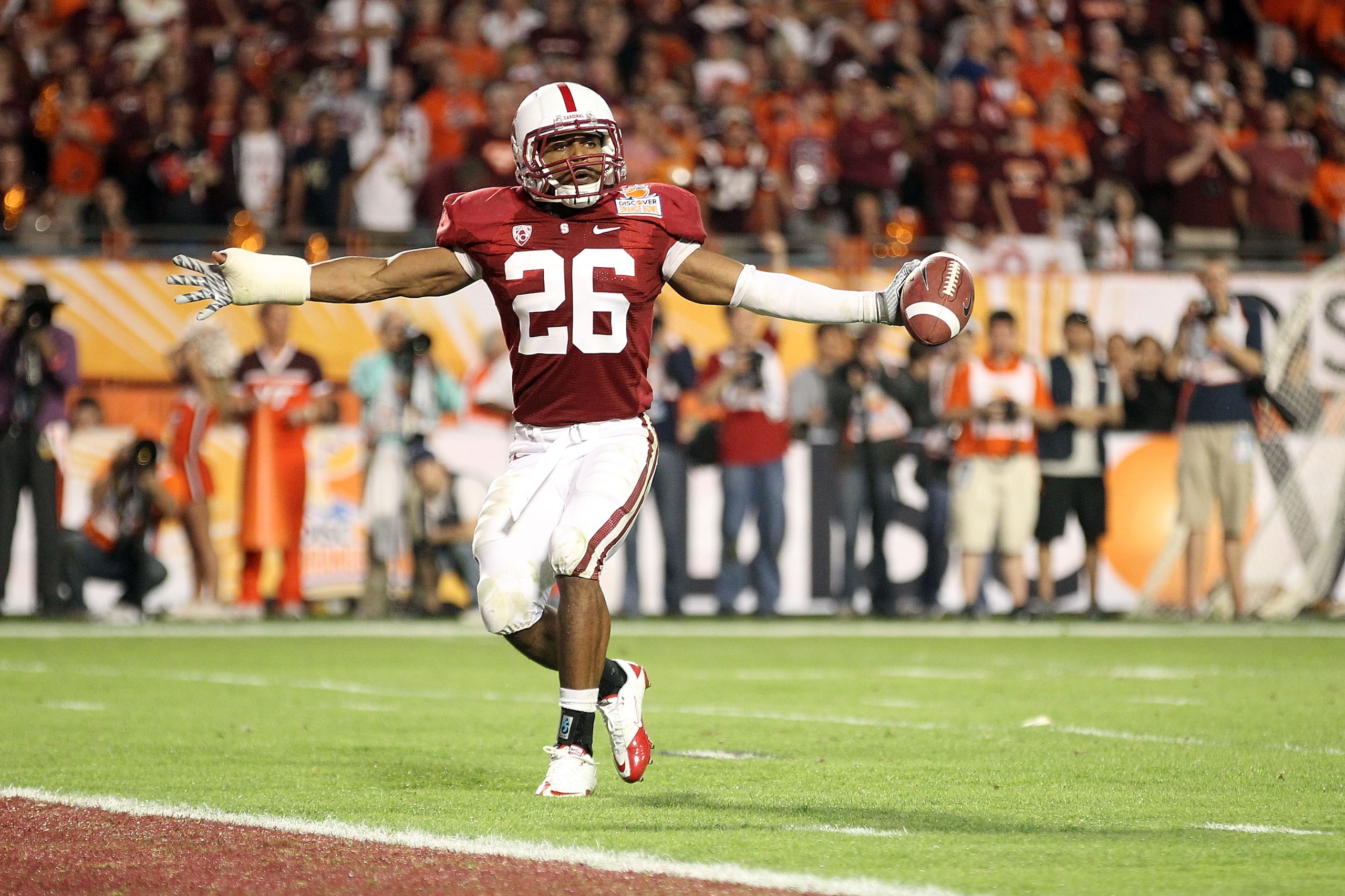 MIAMI, FL - JANUARY 03: Delano Howell #26 of the Stanford Cardinal reacts after he intercepted a pass against the Virginia Tech Hokies during the 2011 Discover Orange Bowl at Sun Life Stadium on January 3, 2011 in Miami, Florida. (Photo by Streeter Lecka/