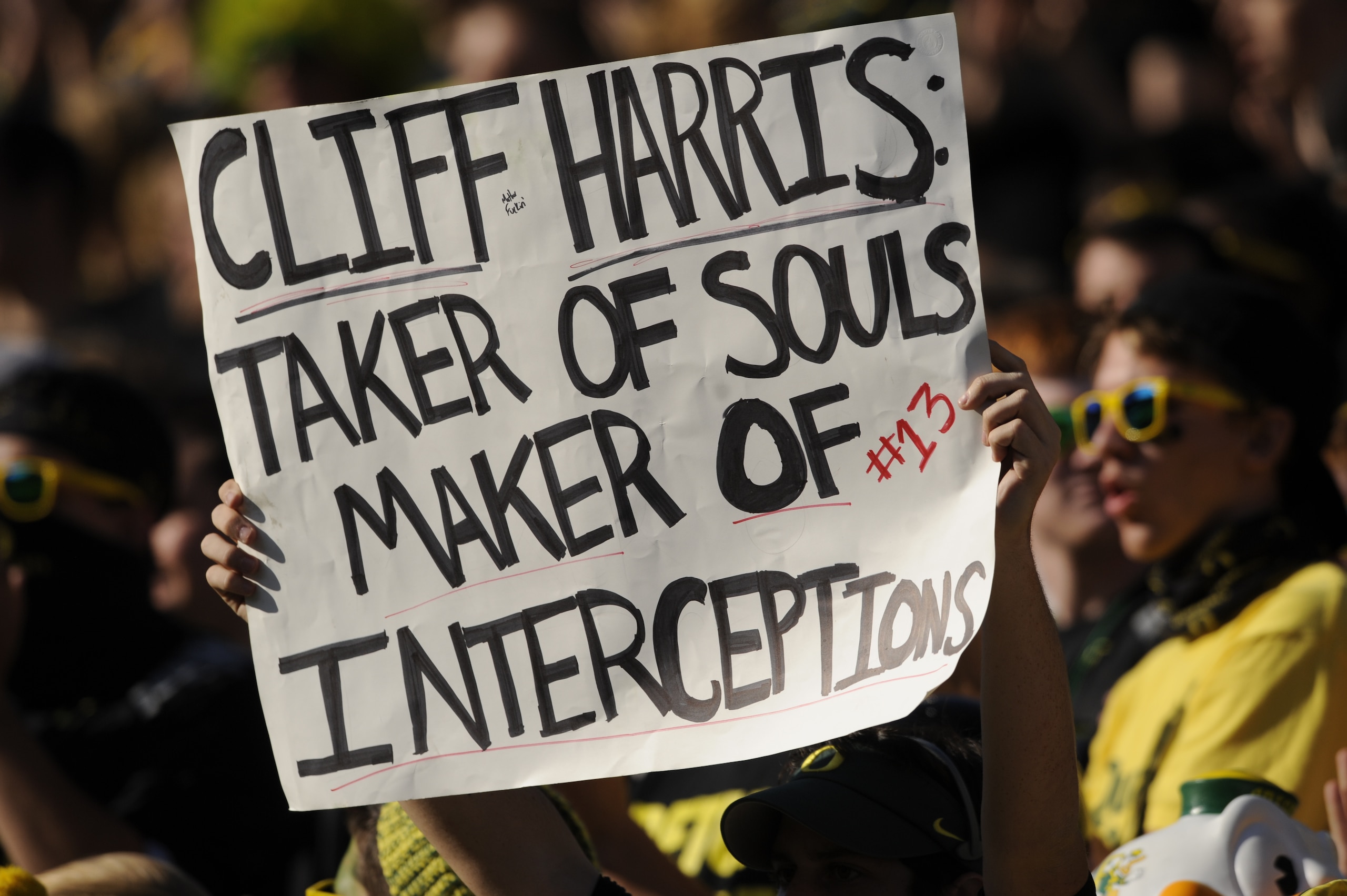 EUGENE, OR - OCTOBER 2: A sign in the stands supports cornerback Cliff Harris #13 of the Oregon Ducks warms before the start of the game at Autzen Stadium on October 2, 2010 in Eugene, Oregon. Oregon won the game 52-31. (Photo by Steve Dykes/Getty Images)