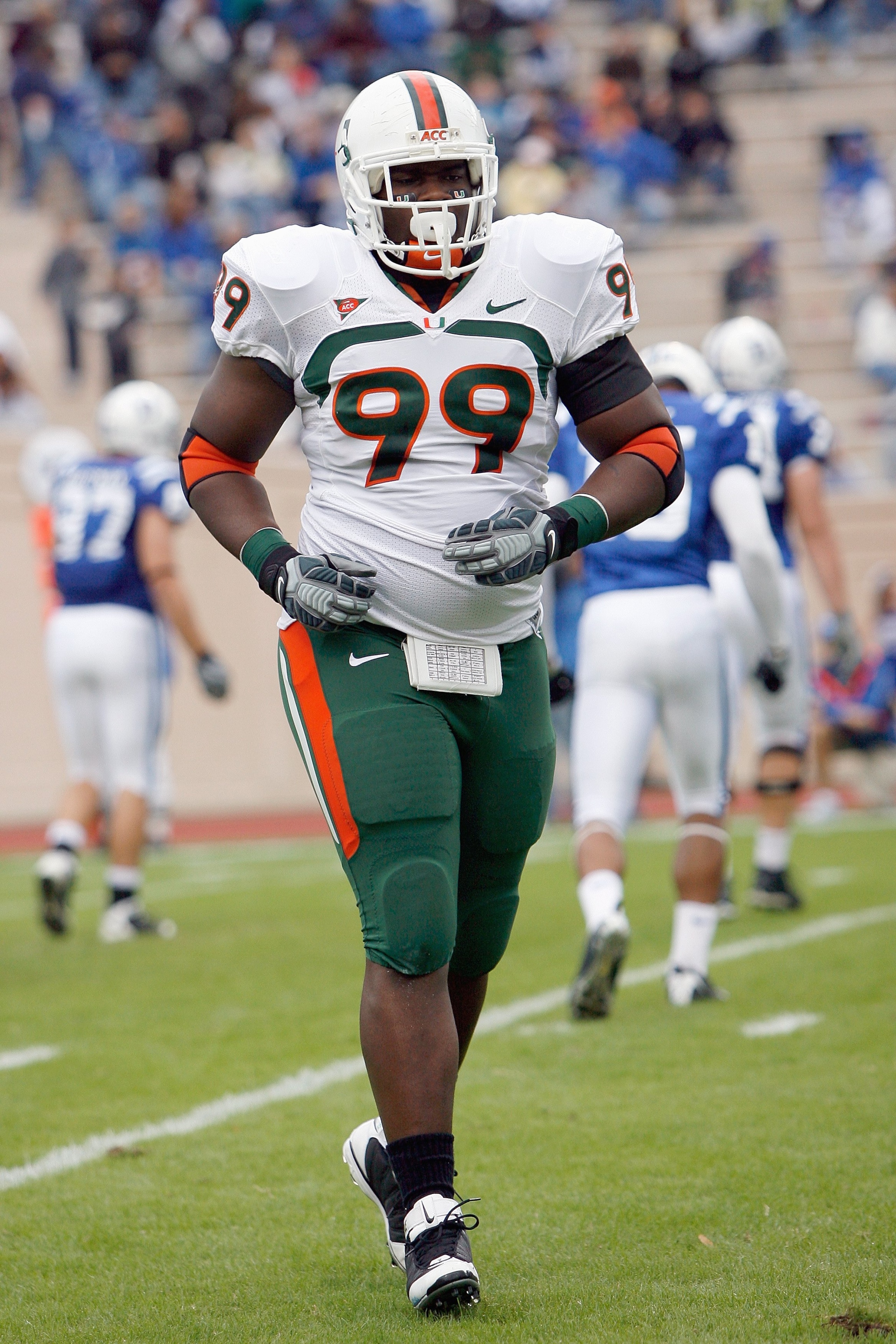 DURHAM, NC - OCTOBER 18:  Marcus Forston #99 of the Miami Hurricanes jogs off the field during the game against the Duke Blue Devils at Wallace Wade Stadium on October 18, 2008 in Durham, North Carolina.  (Photo by Kevin C. Cox/Getty Images)