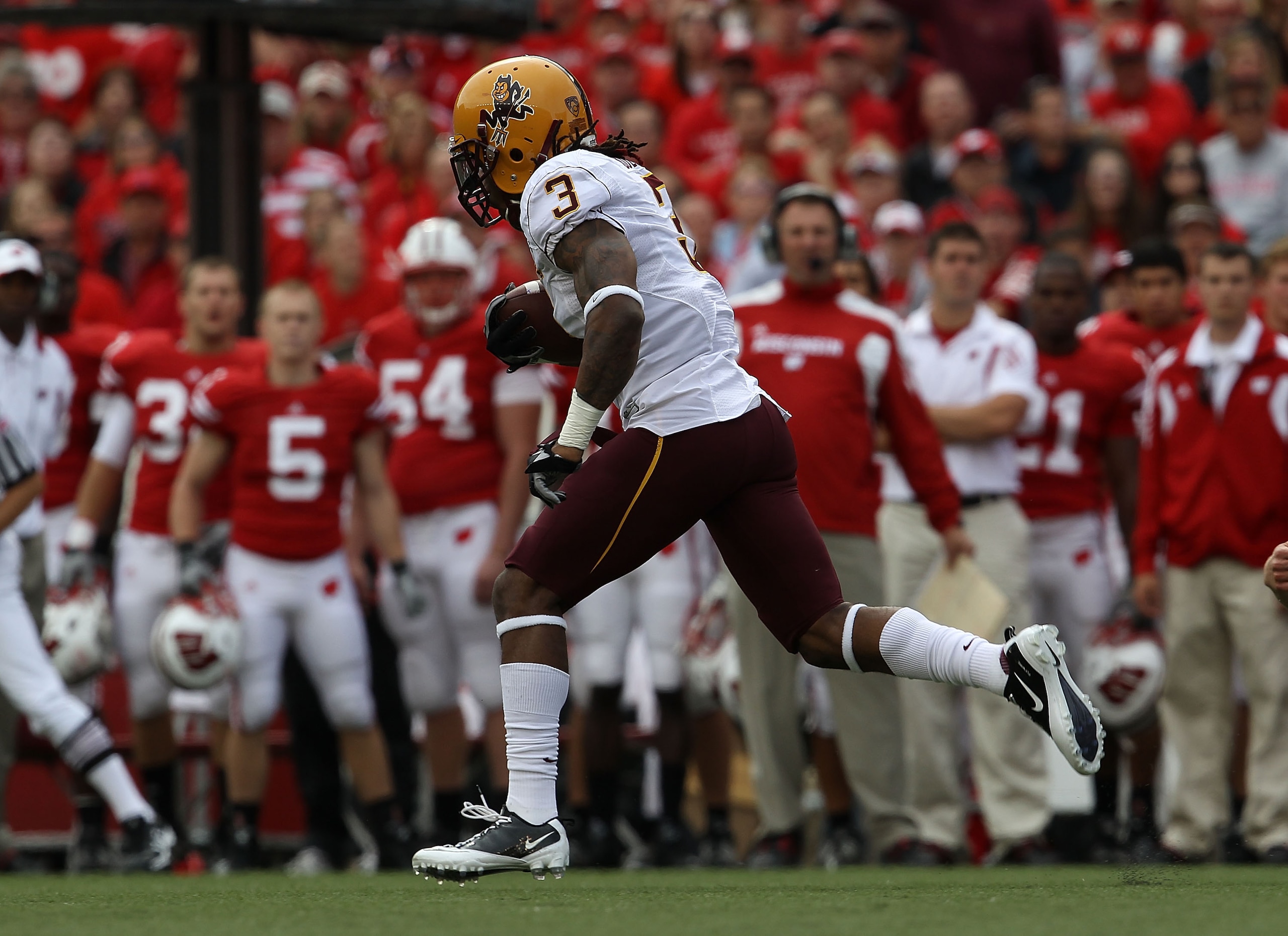 MADISON, WI - SEPTEMBER 18: Omar Bolden #3 of the Arizona State Sun Devils returns a kick-off for a touchdown against the Wisconsin Badgers at Camp Randall Stadium on September 18, 2010 in Madison, Wisconsin. (Photo by Jonathan Daniel/Getty Images)