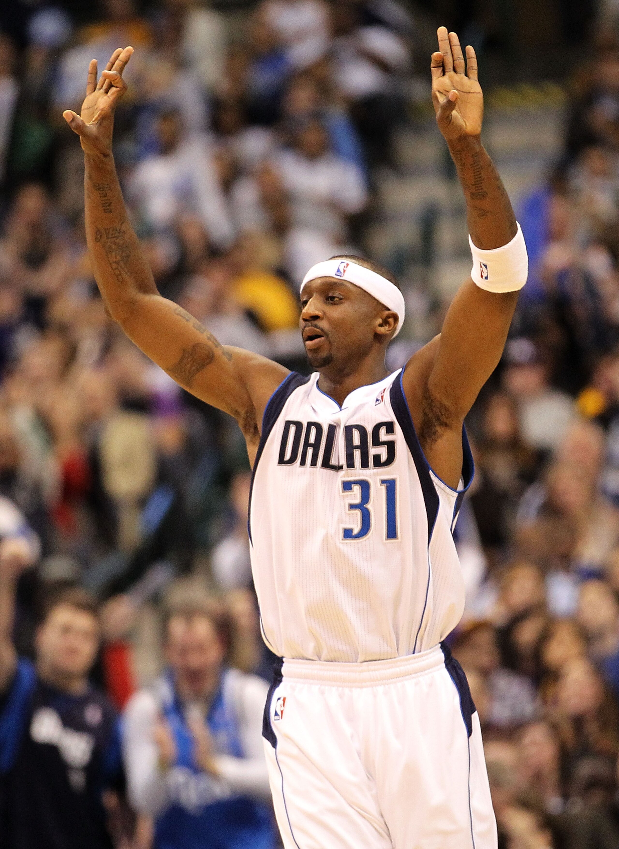 DALLAS, TX - JANUARY 19:  Guard Jason Terry #31 of the Dallas Mavericks reacts after scoring a three point shot against the Los Angeles Lakers at American Airlines Center on January 19, 2011 in Dallas, Texas.  NOTE TO USER: User expressly acknowledges and