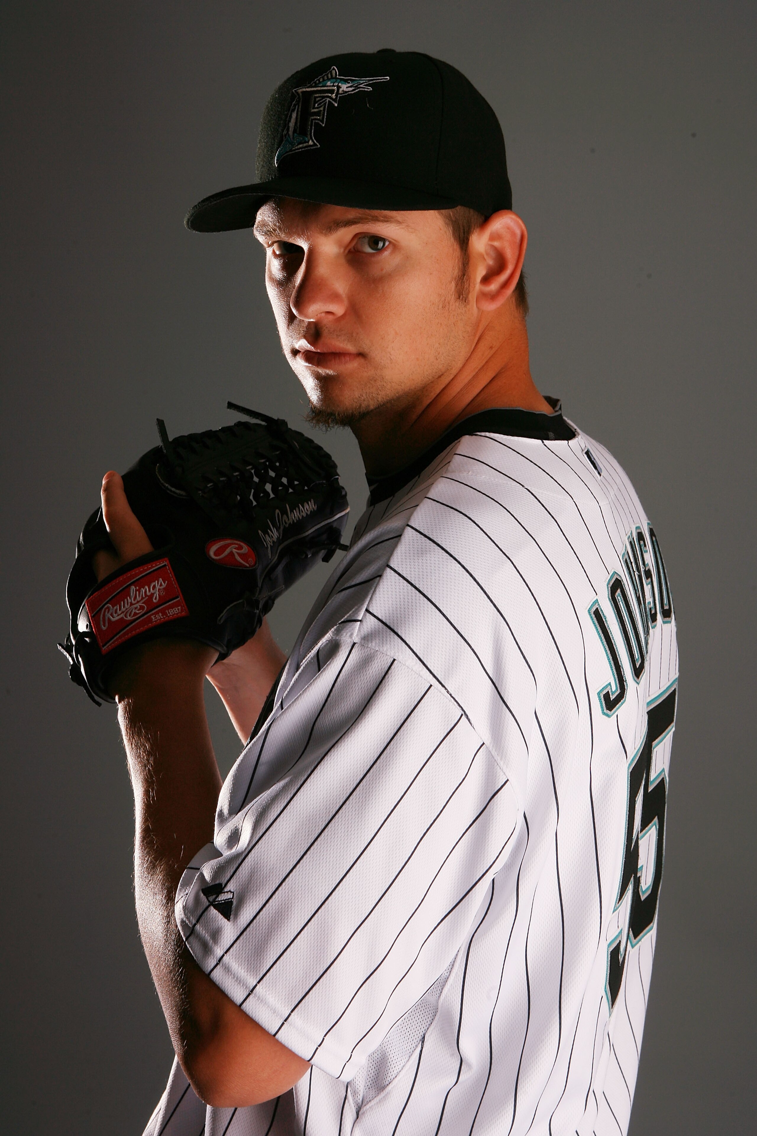 JUPITER, FL - MARCH 02:  Pitcher Josh Johnson #55 of the Florida Marlins during photo day at Roger Dean Stadium on March 2, 2010 in Jupiter, Florida.  (Photo by Doug Benc/Getty Images)