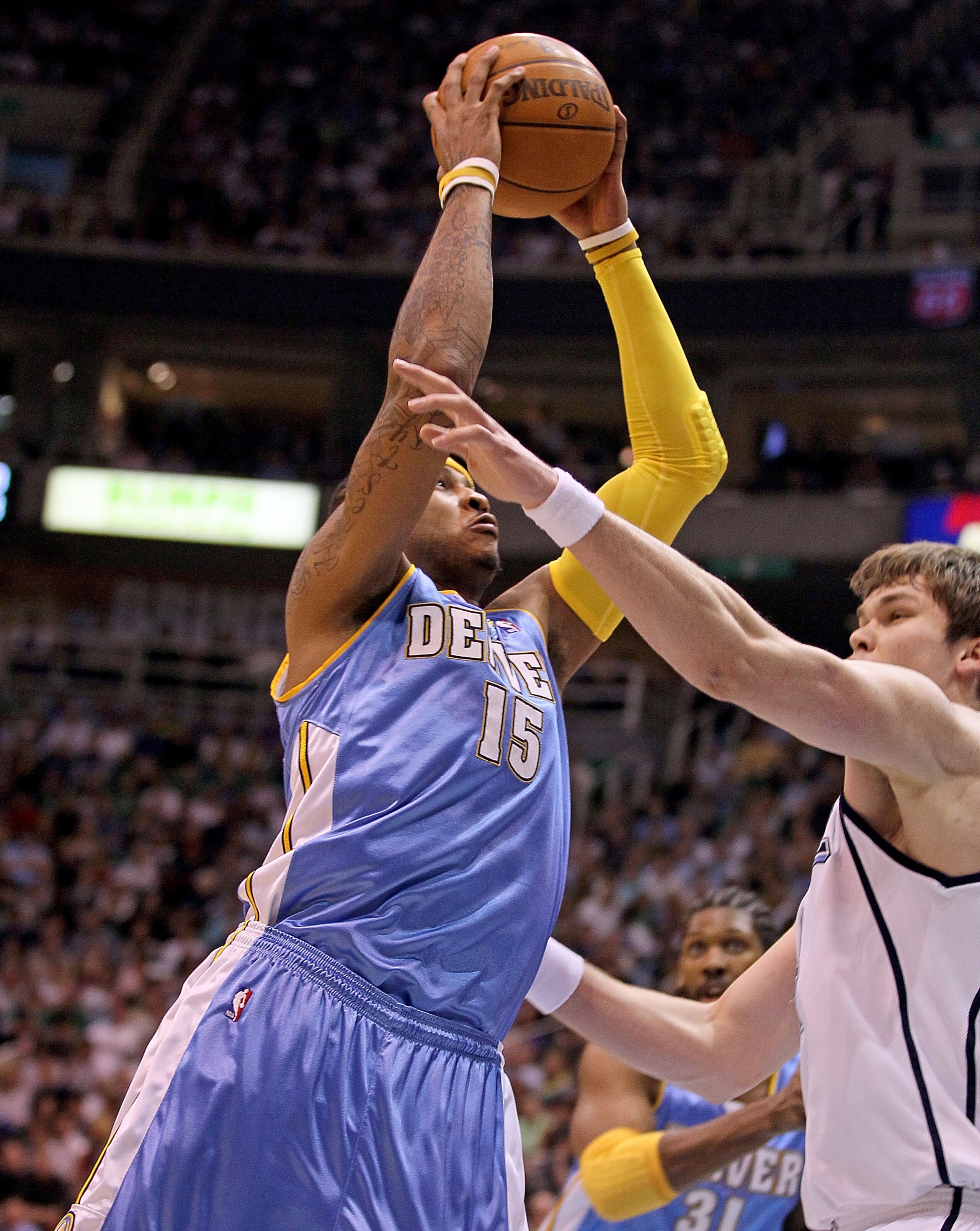 SALT LAKE CITY - APRIL 25:  Carmelo Anthony #15 of the Denver Nuggets shoots the ball against the Utah Jazz during  Game Four of the Western Conference Quarterfinals of the 2010 NBA Playoffs at EnergySolutions Arena on April 25, 2010 in Salt Lake City, Ut