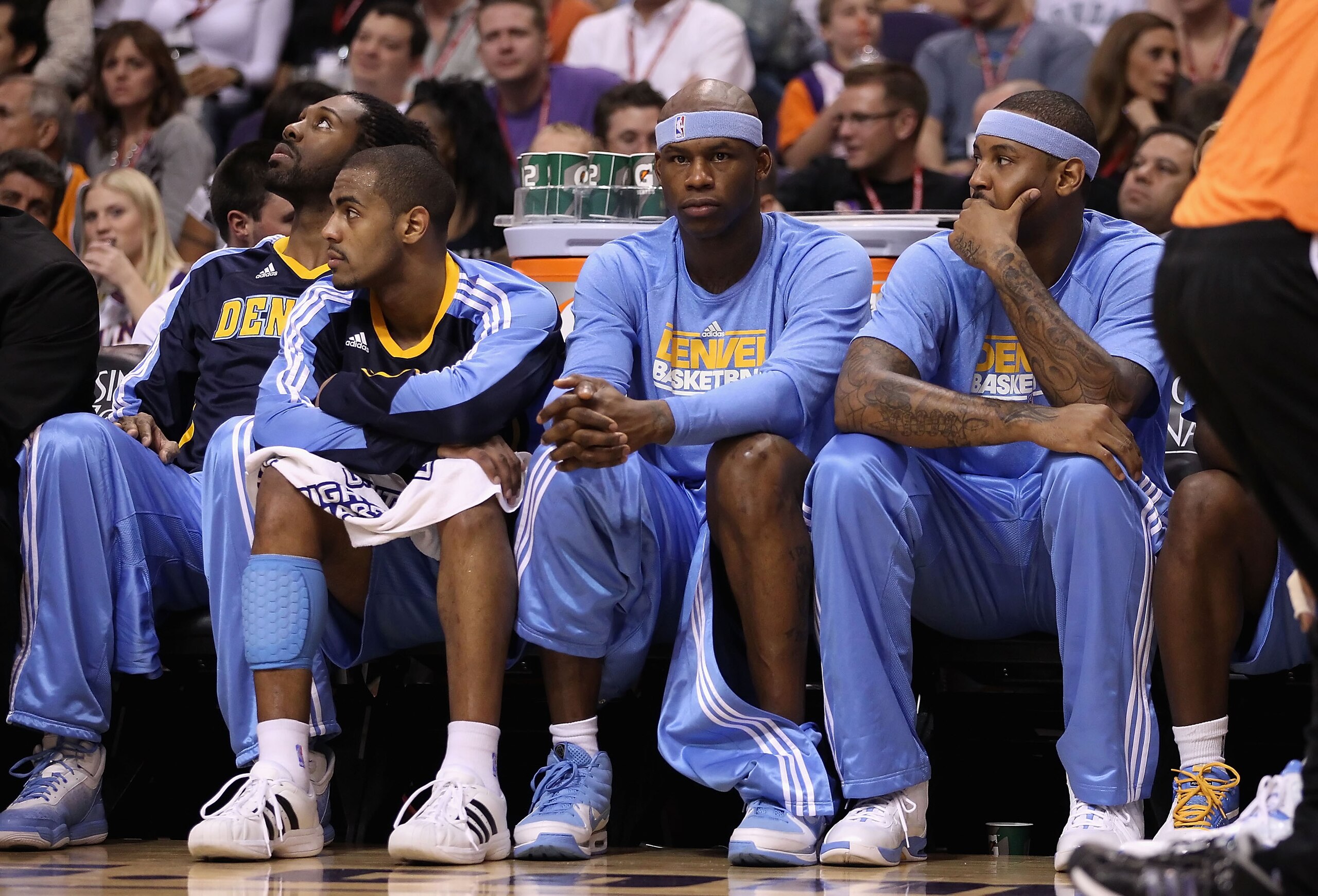 PHOENIX - OCTOBER 22:  Al Harrington #6 of the Denver Nuggets watches from the bench during the preseason NBA game against the Phoenix Suns at US Airways Center on October 22, 2010 in Phoenix, Arizona. NOTE TO USER: User expressly acknowledges and agrees