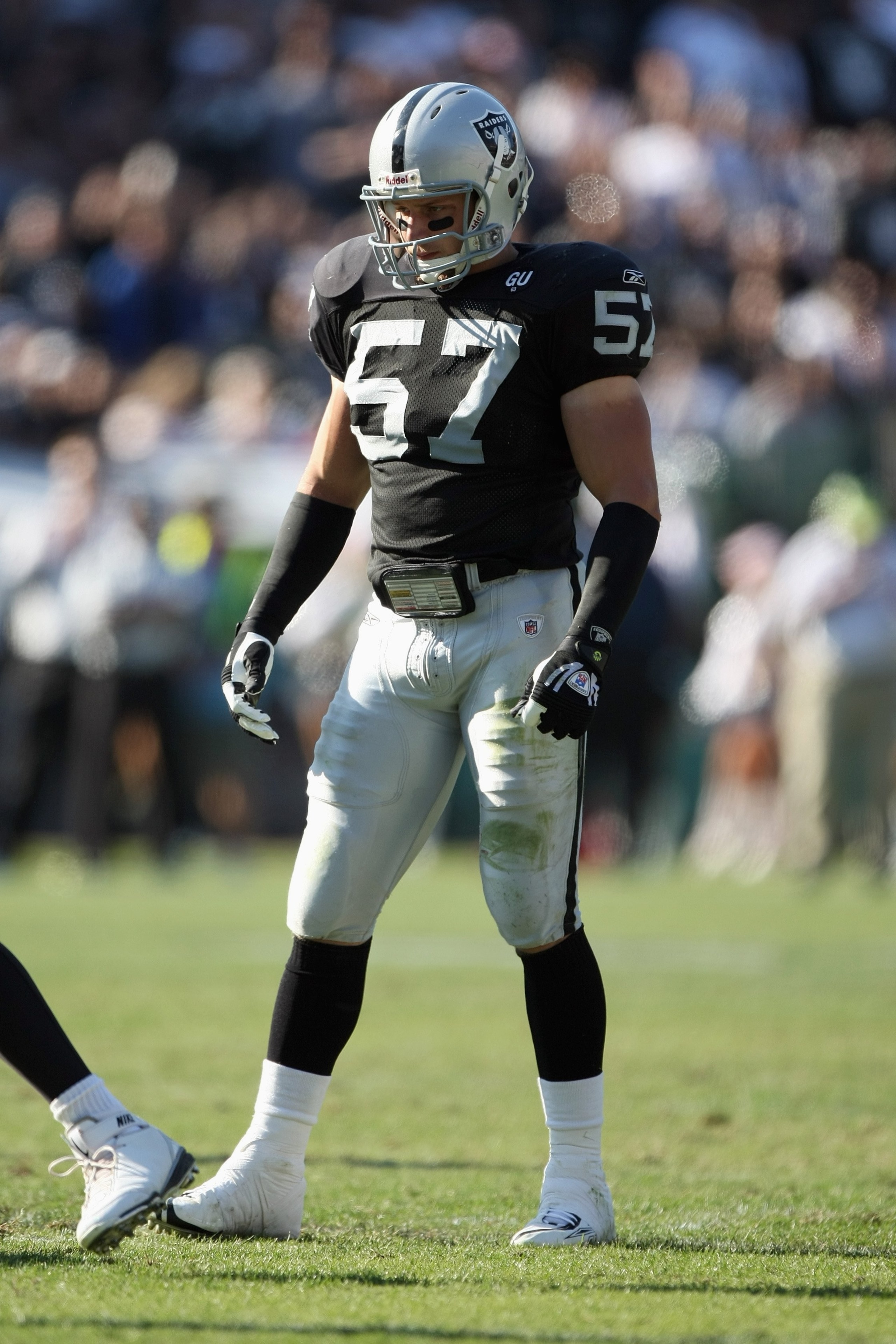 OAKLAND, CA - OCTOBER 19:  Ricky Brown #57 of the Oakland Raiders looks on during the game against the New York Jets on October 19, 2008 at the Oakland-Alameda County Coliseum in Oakland, California. (Photo by Jed Jacobsohn/Getty Images)