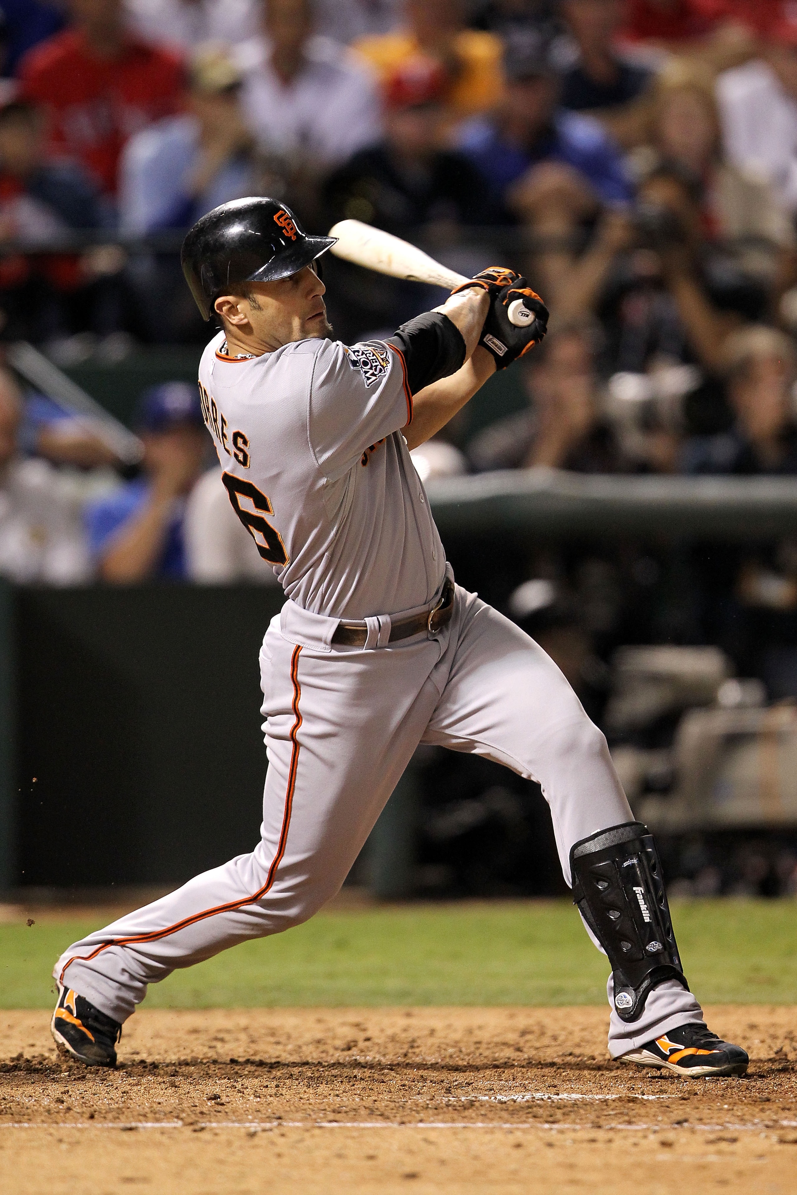 ARLINGTON, TX - NOVEMBER 01:  Andres Torres #56 of the San Francisco Giants bats against the Texas Rangers in Game Five of the 2010 MLB World Series at Rangers Ballpark in Arlington on November 1, 2010 in Arlington, Texas. The Giants won 3-1. (Photo by Ro