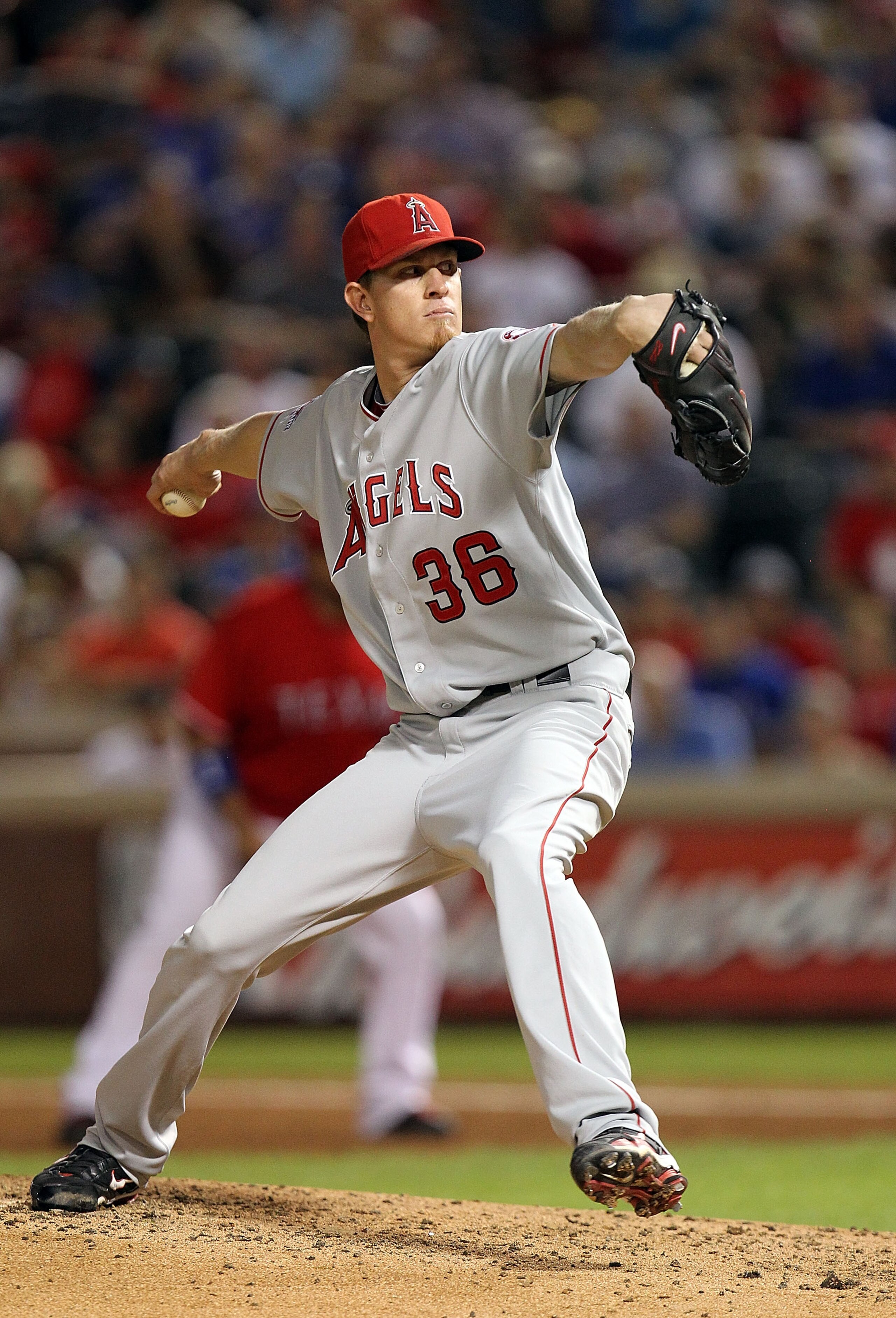 ARLINGTON, TX - OCTOBER 01:  Pitcher Jered Weaver #36 of the Los Angeles Angels of Anaheim throws against the Texas Rangers at Rangers Ballpark in Arlington on October 1, 2010 in Arlington, Texas.  (Photo by Ronald Martinez/Getty Images)
