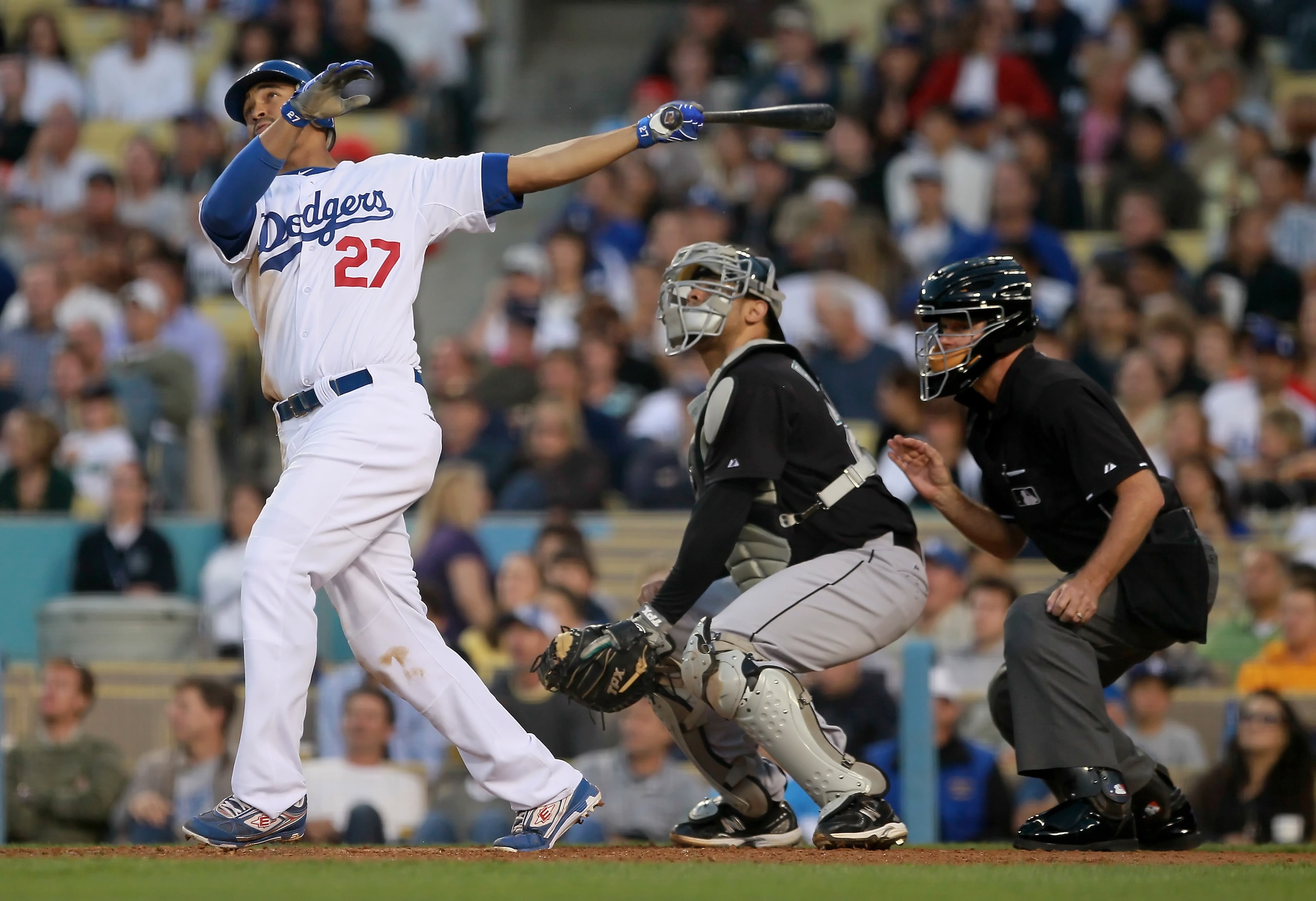 LOS ANGELES, CA - JULY 06:  Matt Kemp #27 of the Los Angeles Dodgers hits a two-run homerun in the second inning against the Florida Marlins at Dodger Stadium on July 6, 2010 in Los Angeles, California.  (Photo by Jeff Gross/Getty Images)
