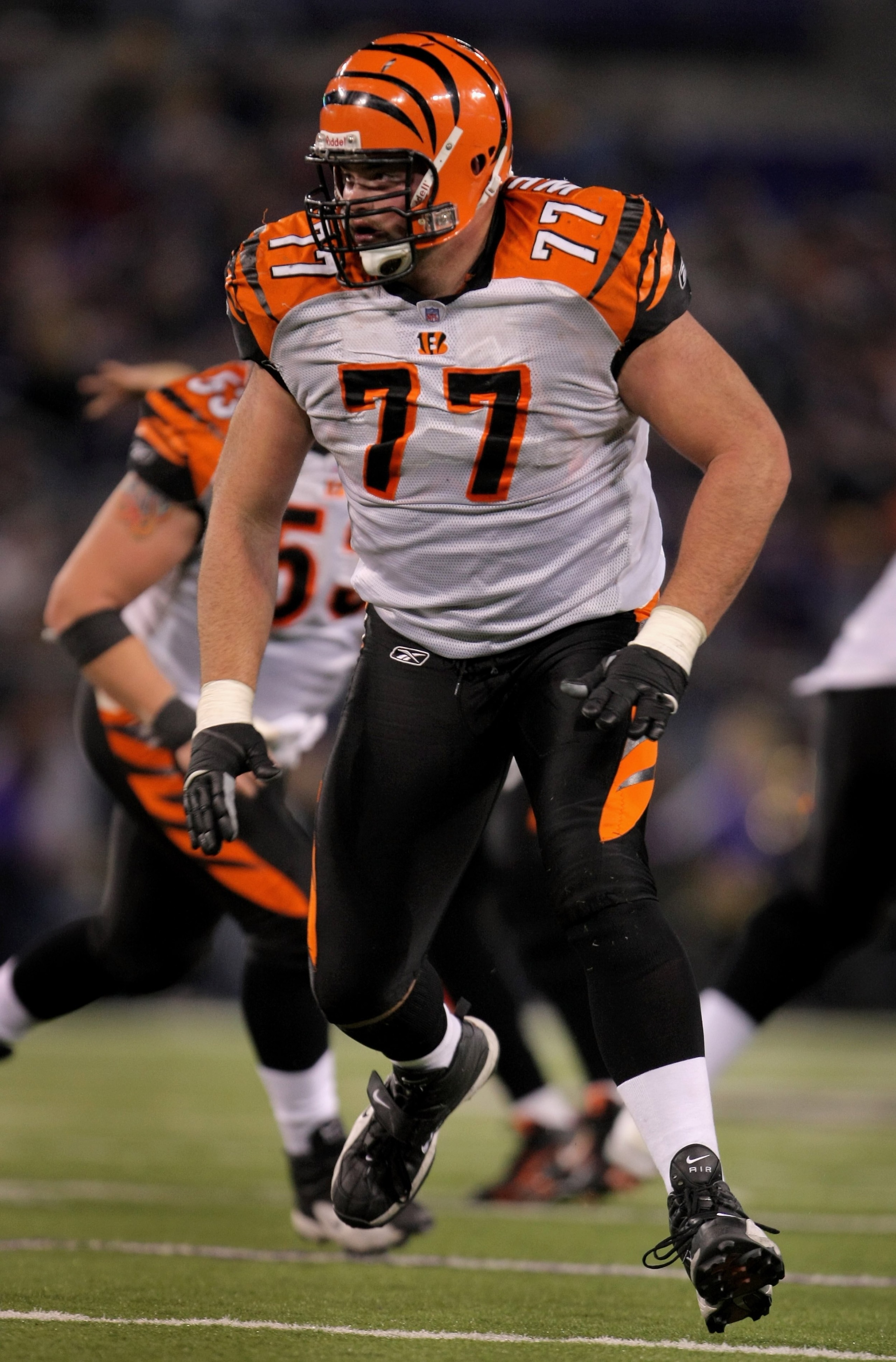 BALTIMORE - NOVEMBER 11:  Offensive lineman Andrew Whitworth #77 of the Cincinnati Bengals plays against the Baltimore Ravens at M&T Bank Staduim on November 11, 2007 in Baltimore, Maryland. Cincinnati defeated Baltimore 21-7.  (Photo by Doug Pensinger/Ge