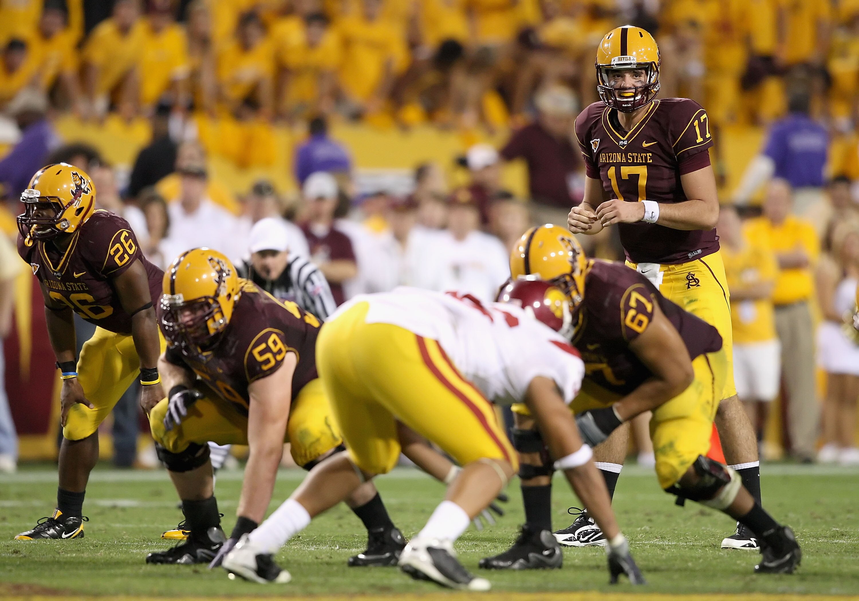 TEMPE, AZ - NOVEMBER 07:  Quarterback Brock Osweiler #17 of the Arizona State Sun Devils prepares to snap the ball against the USC Trojans during the college football game at Sun Devil Stadium on November 7, 2009 in Tempe, Arizona.  The Trojans defeated t
