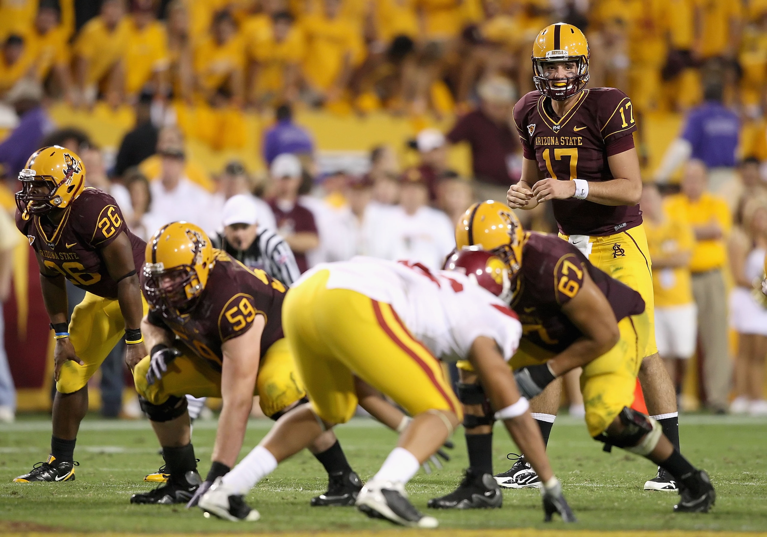 TEMPE, AZ - NOVEMBER 07:  Quarterback Brock Osweiler #17 of the Arizona State Sun Devils prepares to snap the ball against the USC Trojans during the college football game at Sun Devil Stadium on November 7, 2009 in Tempe, Arizona.  The Trojans defeated t