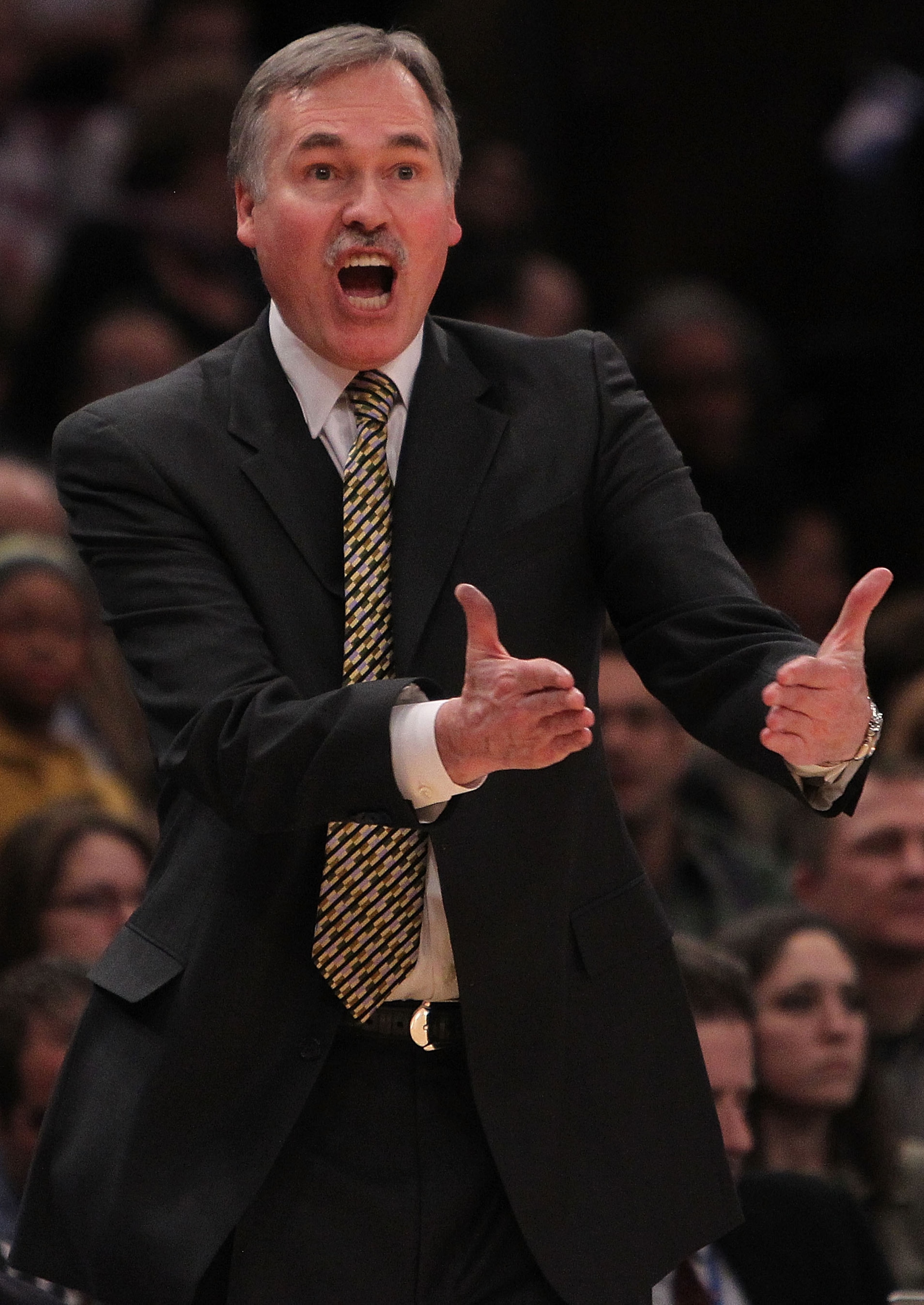 NEW YORK, NY - FEBRUARY 02: Head coach of the New York Knicks, Mike D'Antoni gestures from the bench against the Dallas Mavericks at Madison Square Garden on February 2, 2011 in New York City. NOTE TO USER: User expressly acknowledges and agrees that, by 