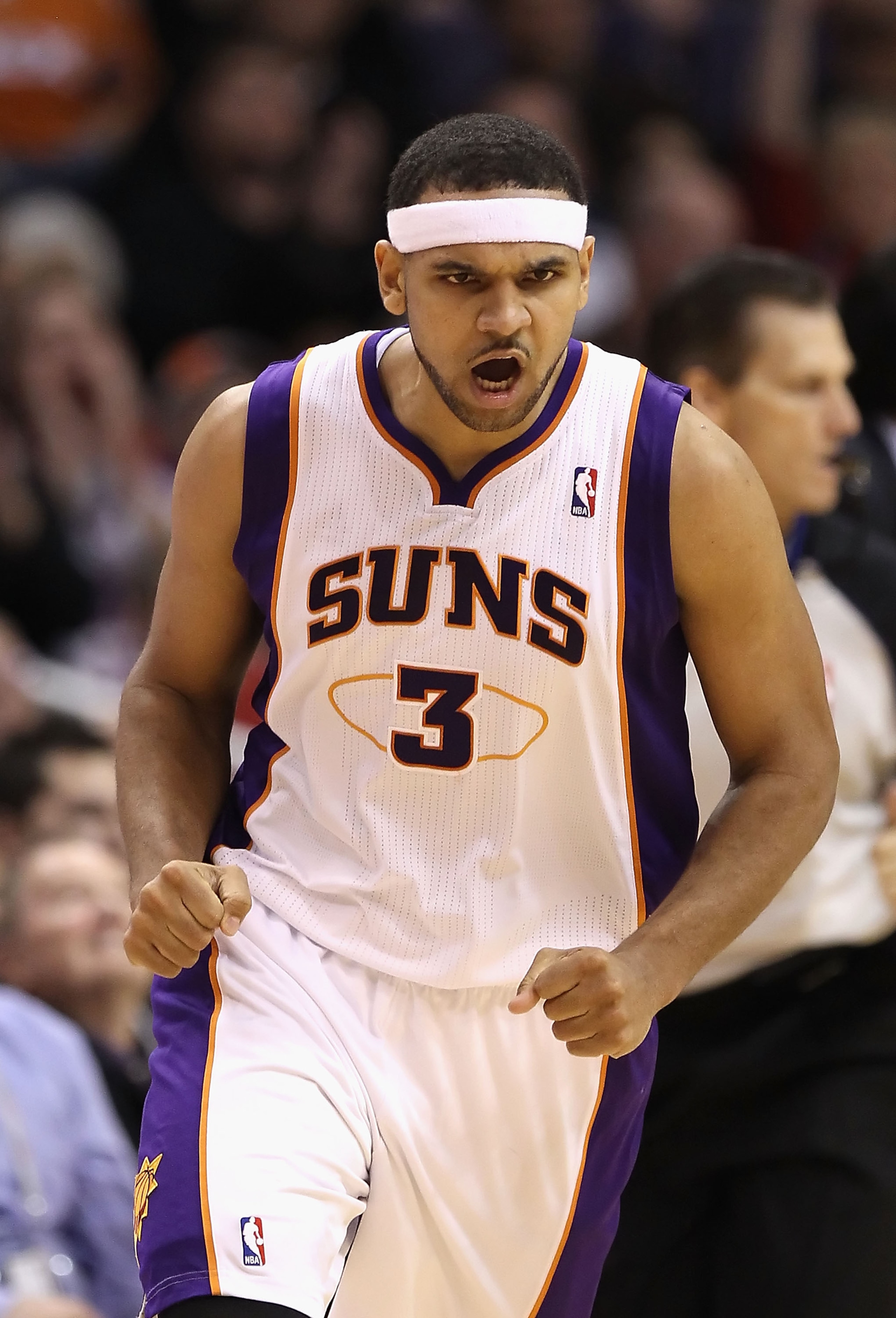 PHOENIX - DECEMBER 23:  Jared Dudley #3 of the Phoenix Suns reacts after hitting a three point shot against the Miami Heat during the NBA game at US Airways Center on December 23, 2010 in Phoenix, Arizona. The Heat defeated the Suns 95-83.  NOTE TO USER: