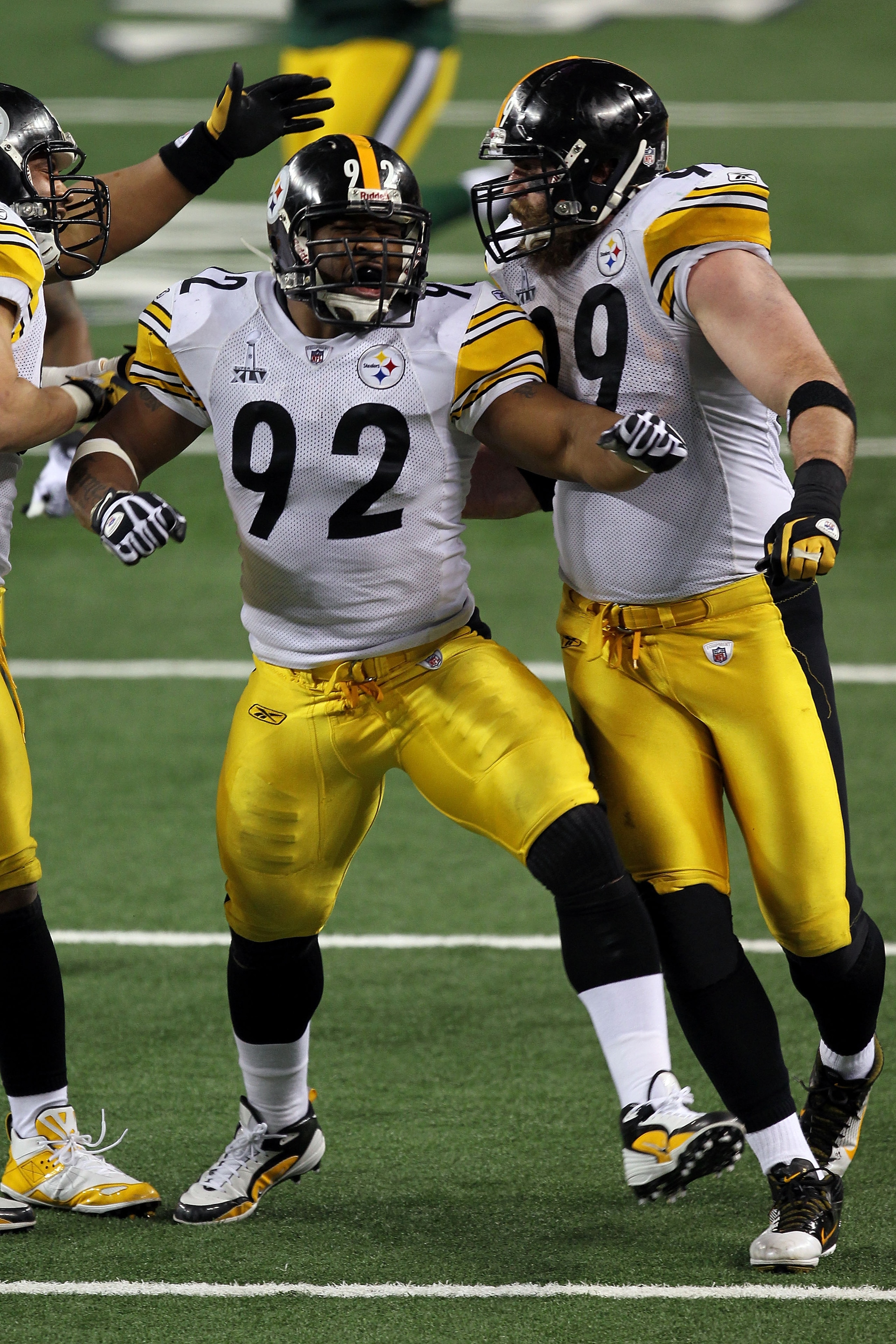 ARLINGTON, TX - FEBRUARY 06: James Harrison #92 of the Pittsburgh Steelers celebrates after a sack against the Green Bay Packers during Super Bowl XLV at Cowboys Stadium on February 6, 2011 in Arlington, Texas.  (Photo by Mike Ehrmann/Getty Images)