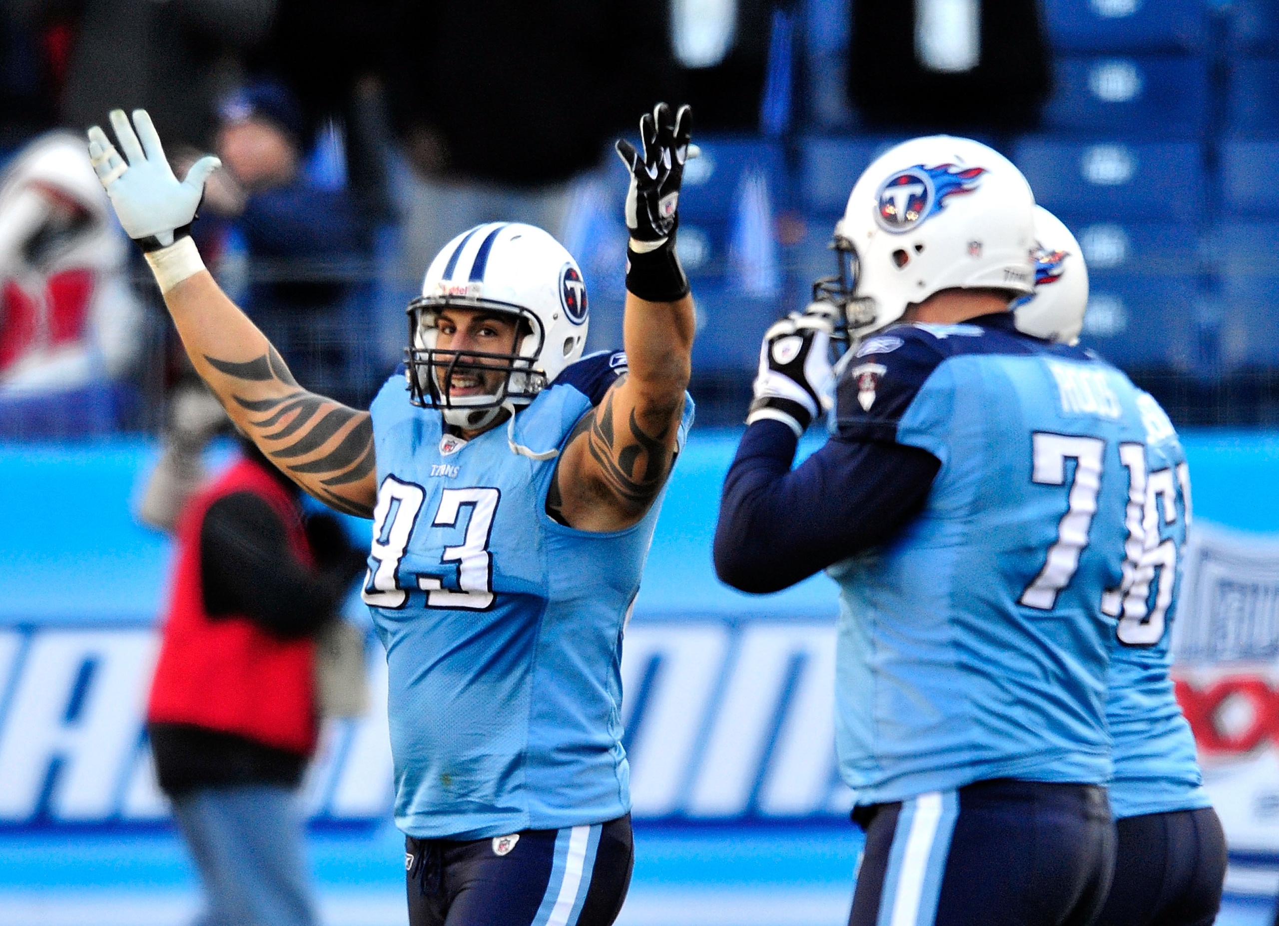 NASHVILLE, TN - DECEMBER 19: Jason Babin #93 of the Tennessee Titans celebrates after a defensive stop against the Houston Texans to seal the win at LP Field on December 19, 2010 in Nashville, Tennessee. The Titans defeated the Texans, 31-17. (Photo by NASHVILLE, TN - DECEMBER 19: Jason Babin #93 of the Tennessee Titans celebrates after a defensive stop against the Houston Texans to seal the win at LP Field on December 19, 2010 in Nashville, Tennessee. The Titans defeated the Texans, 31-17. (Photo by