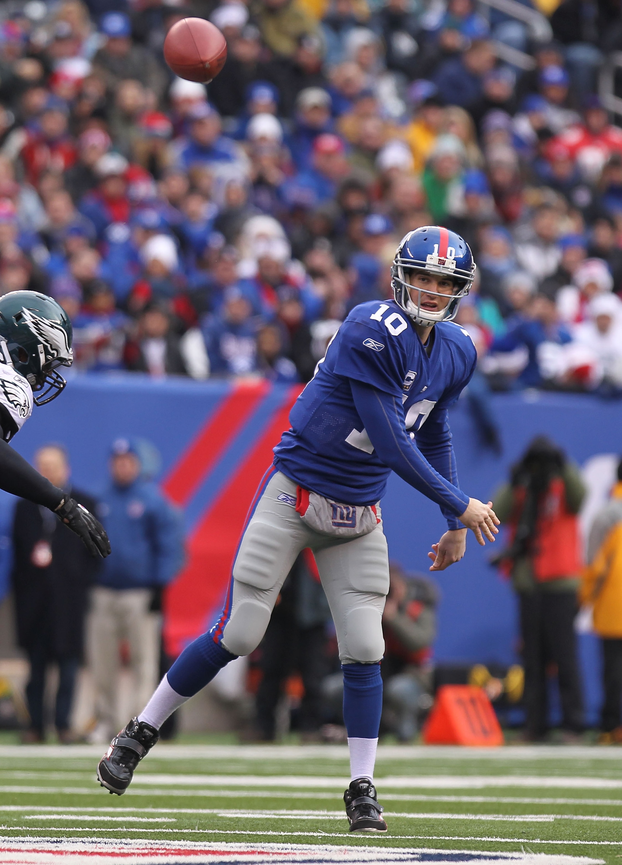 EAST RUTHERFORD, NJ - DECEMBER 19: Eli Manning #10 of the New York Giants passes against the Philadelphia Eagles at New Meadowlands Stadium on December 19, 2010 in East Rutherford, New Jersey. (Photo by Nick Laham/Getty Images) EAST RUTHERFORD, NJ - DECEMBER 19: Eli Manning #10 of the New York Giants passes against the Philadelphia Eagles at New Meadowlands Stadium on December 19, 2010 in East Rutherford, New Jersey. (Photo by Nick Laham/Getty Images)