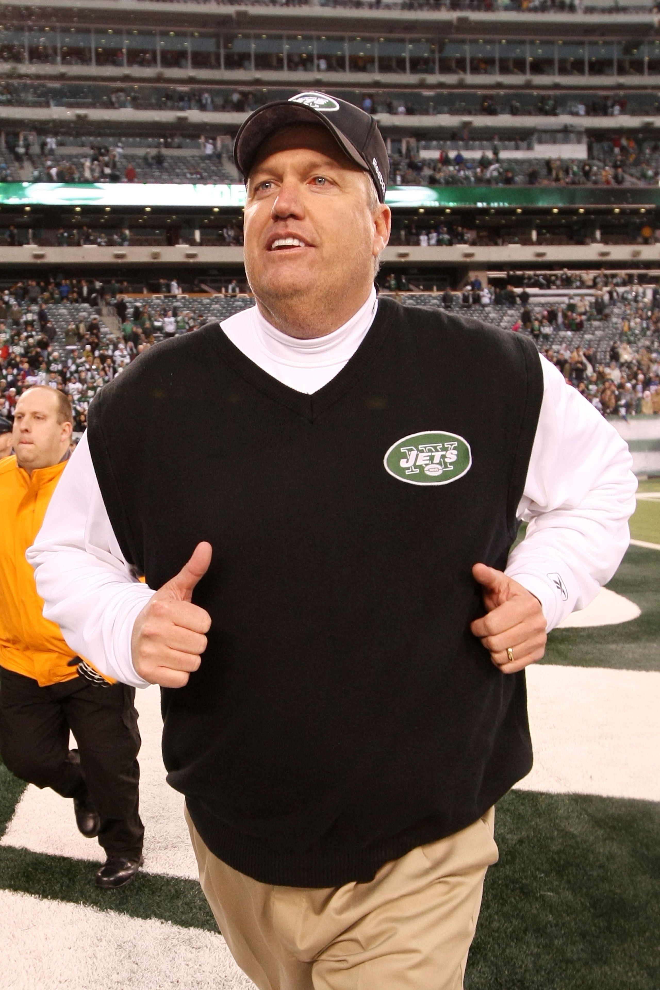 EAST RUTHERFORD, NJ - JANUARY 02: Head coach Rex Ryan of the New York Jets celebrates their 38 - 7 win over the Buffalo Bills at New Meadowlands Stadium on January 2, 2011 in East Rutherford, New Jersey. (Photo by Al Bello/Getty Images) EAST RUTHERFORD, NJ - JANUARY 02: Head coach Rex Ryan of the New York Jets celebrates their 38 - 7 win over the Buffalo Bills at New Meadowlands Stadium on January 2, 2011 in East Rutherford, New Jersey. (Photo by Al Bello/Getty Images)