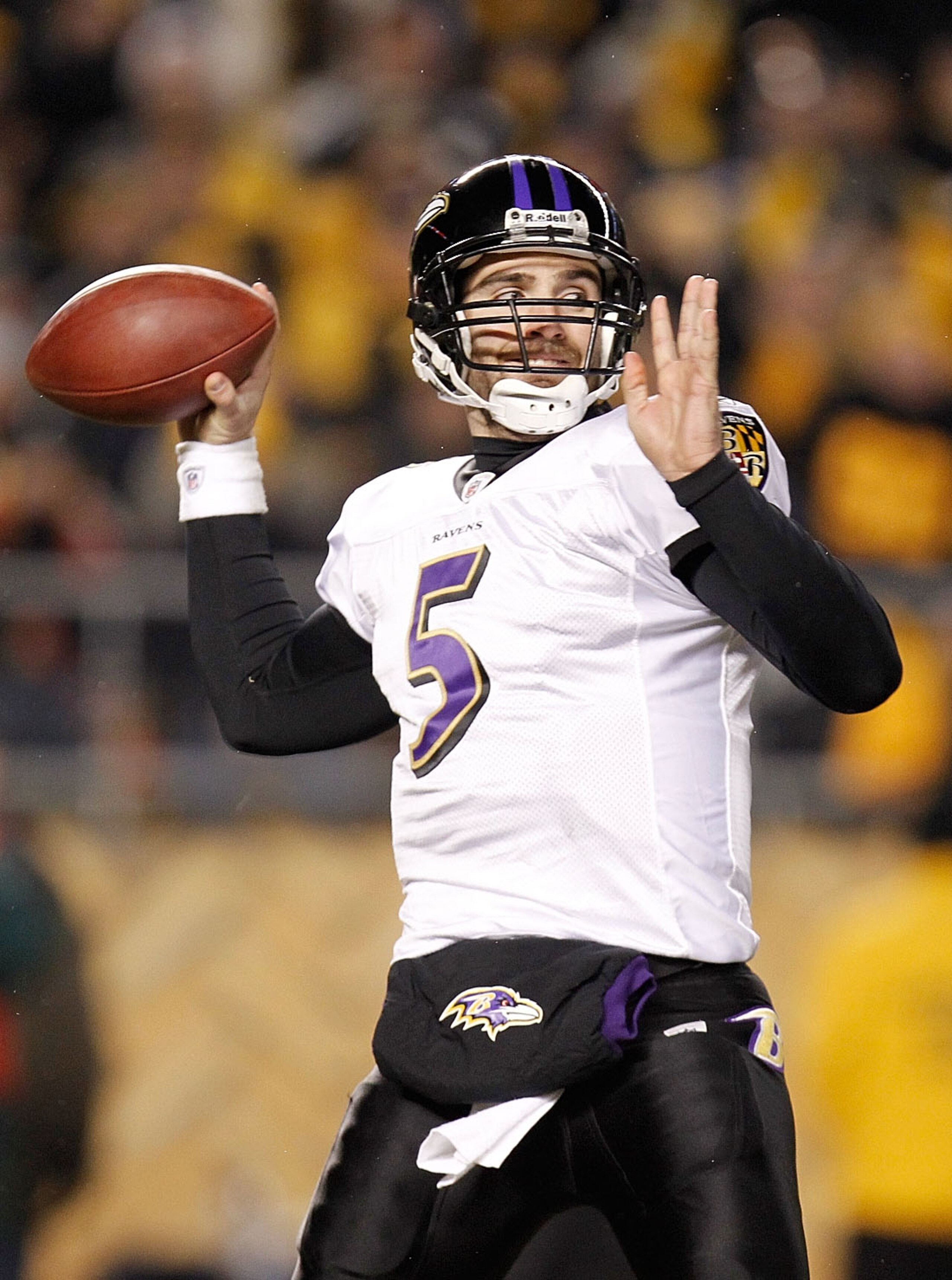 PITTSBURGH, PA - JANUARY 15: Quarterback Joe Flacco #5 of the Baltimore Ravens looks to pass against the Pittsburgh Steelers in the AFC Divisional Playoff Game at Heinz Field on January 15, 2011 in Pittsburgh, Pennsylvania. (Photo by Gregory Shamus/Gett PITTSBURGH, PA - JANUARY 15: Quarterback Joe Flacco #5 of the Baltimore Ravens looks to pass against the Pittsburgh Steelers in the AFC Divisional Playoff Game at Heinz Field on January 15, 2011 in Pittsburgh, Pennsylvania. (Photo by Gregory Shamus/Gett