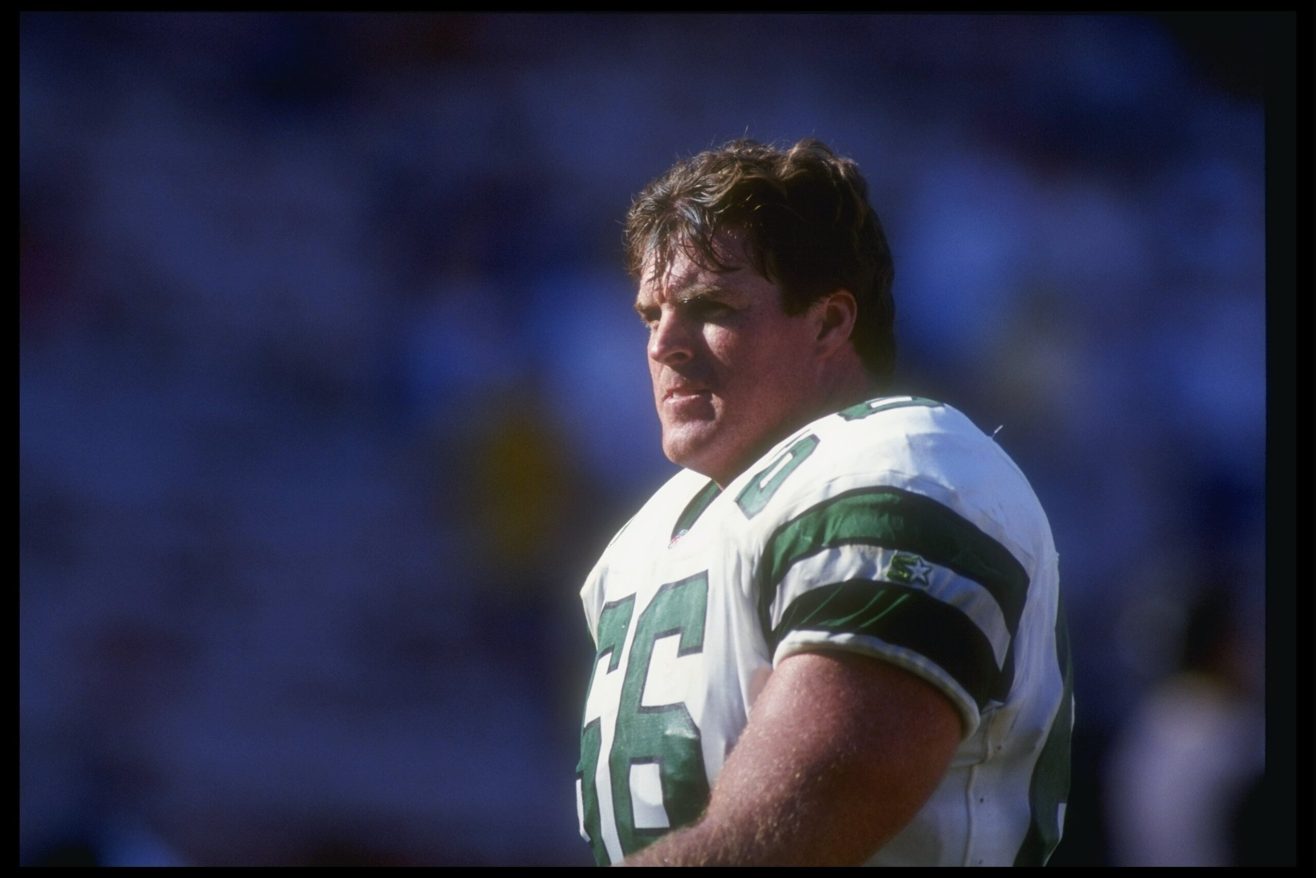 27 Sep 1992: Offensive lineman Dave Cadigan of the New York Jets looks on during a game against the Los Angeles Rams at Anaheim Stadium in Anaheim, California. The Rams won the game, 18-10. Mandatory Credit: Stephen Dunn /Allsport 27 Sep 1992: Offensive lineman Dave Cadigan of the New York Jets looks on during a game against the Los Angeles Rams at Anaheim Stadium in Anaheim, California. The Rams won the game, 18-10. Mandatory Credit: Stephen Dunn /Allsport