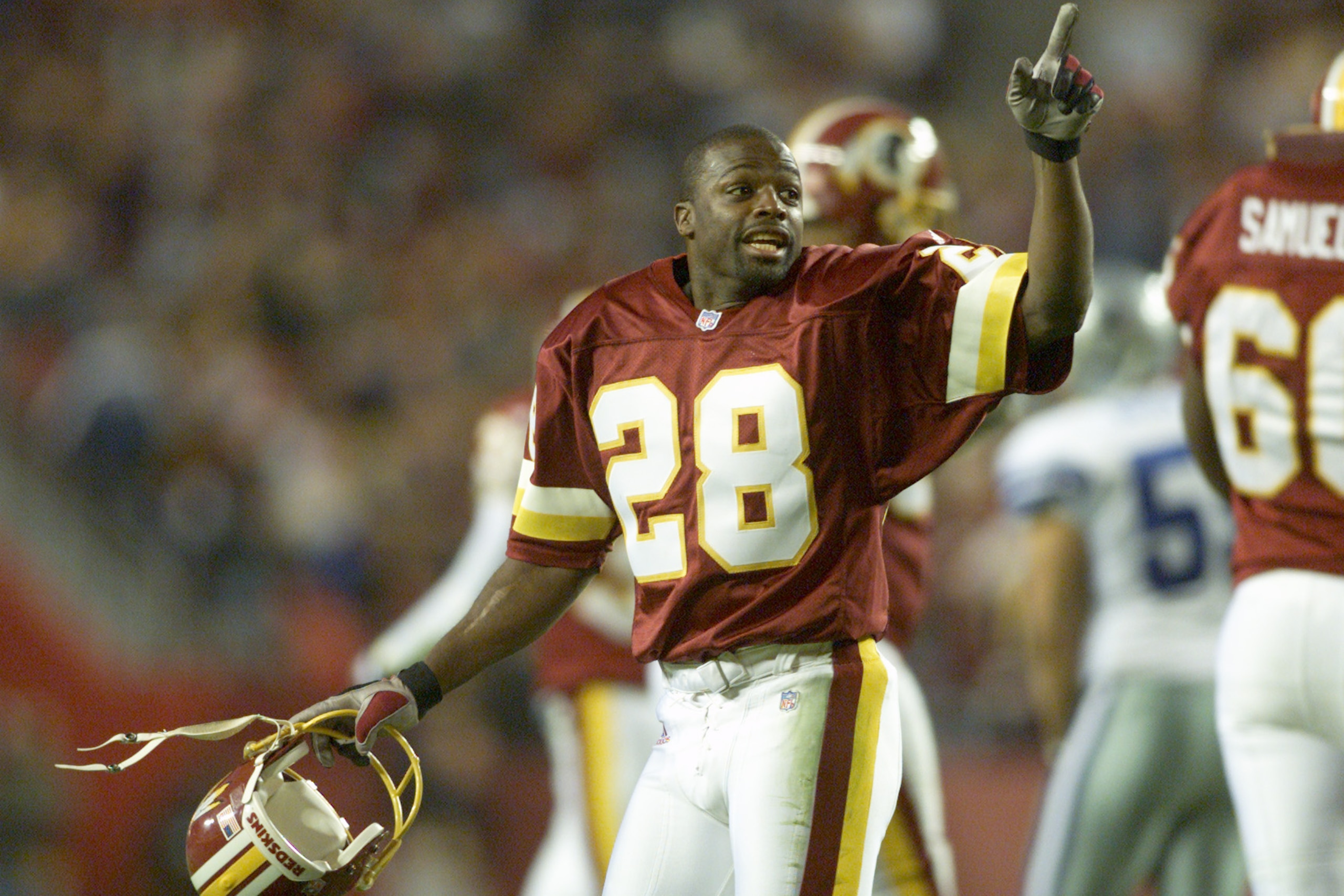 2 Dec 2001:  Darrell Green #28 of the Washington Redskins reacts during the game against the Dallas Cowboys at Fed-Ex Field in Landover, Maryland.  The Cowboys defeated the Redskins with a final score of 20-14. Digital Image. Mandatory Credit: Jamie Squir