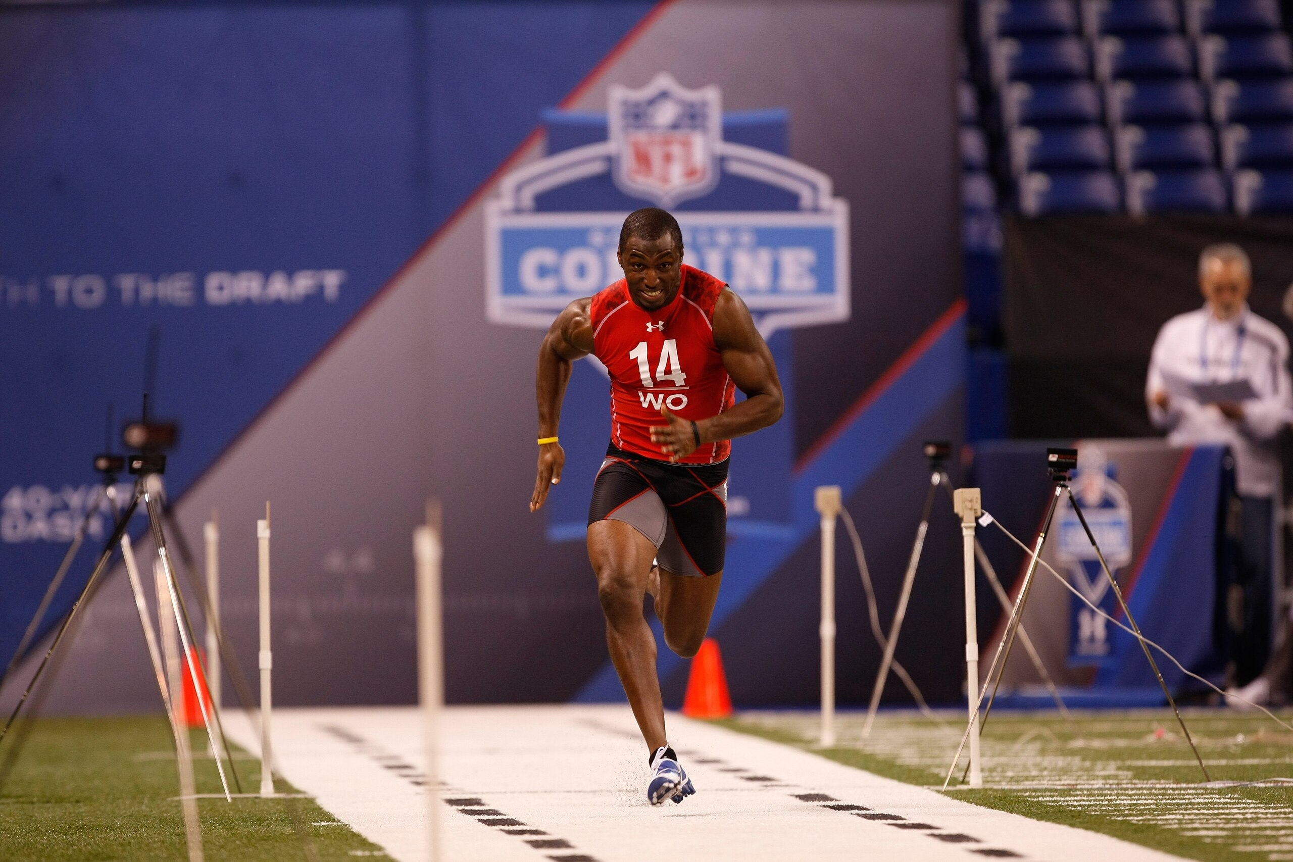INDIANAPOLIS, IN - FEBRUARY 28: Wide receiver Marcus Easley of Connecticut runs the 40 yard dash during the NFL Scouting Combine presented by Under Armour at Lucas Oil Stadium on February 28, 2010 in Indianapolis, Indiana. (Photo by Scott Boehm/Getty Imag